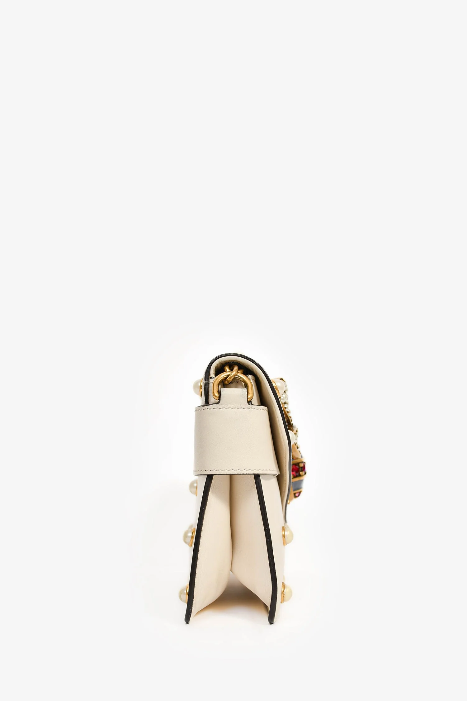 Gucci White Leather Pearl Studded Mini Broadway Bee Shoulder Bag with Web Strap - Image 3