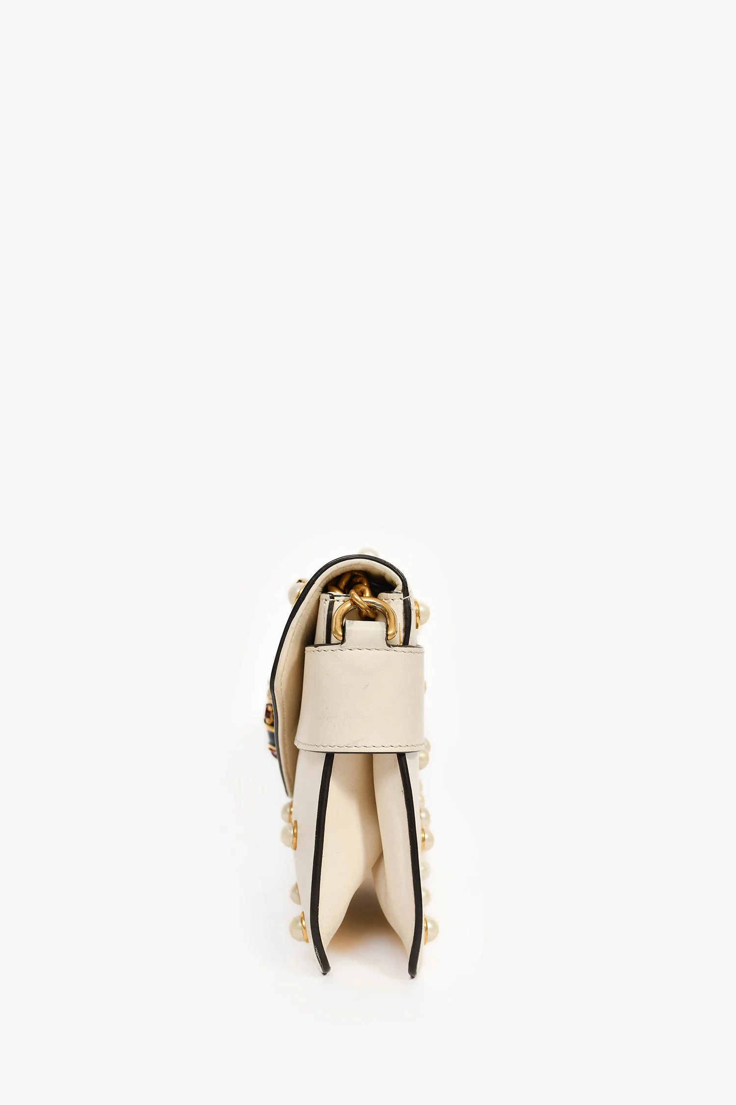 Gucci White Leather Pearl Studded Mini Broadway Bee Shoulder Bag with Web Strap - Image 4