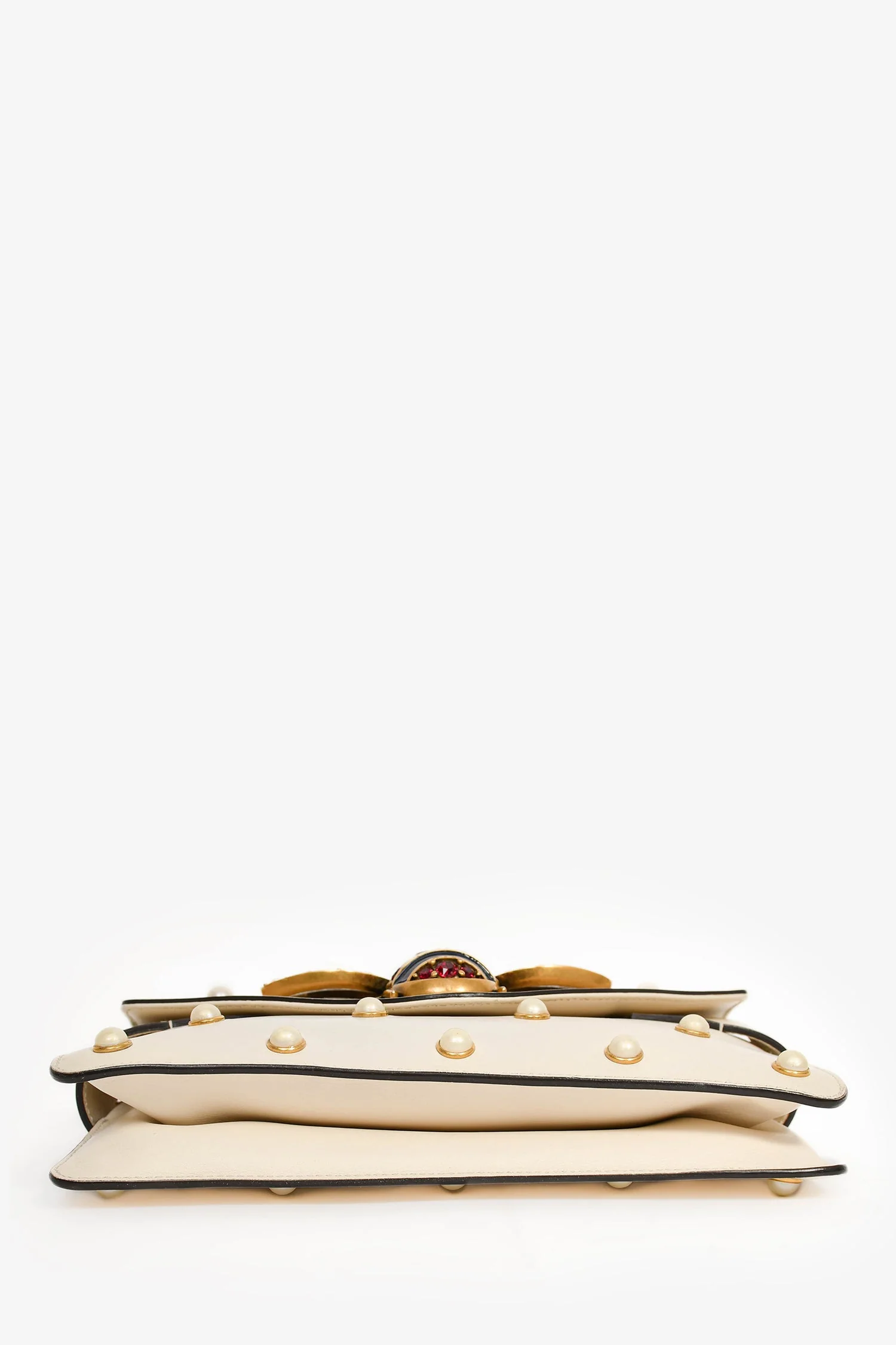 Gucci White Leather Pearl Studded Mini Broadway Bee Shoulder Bag with Web Strap - Image 5