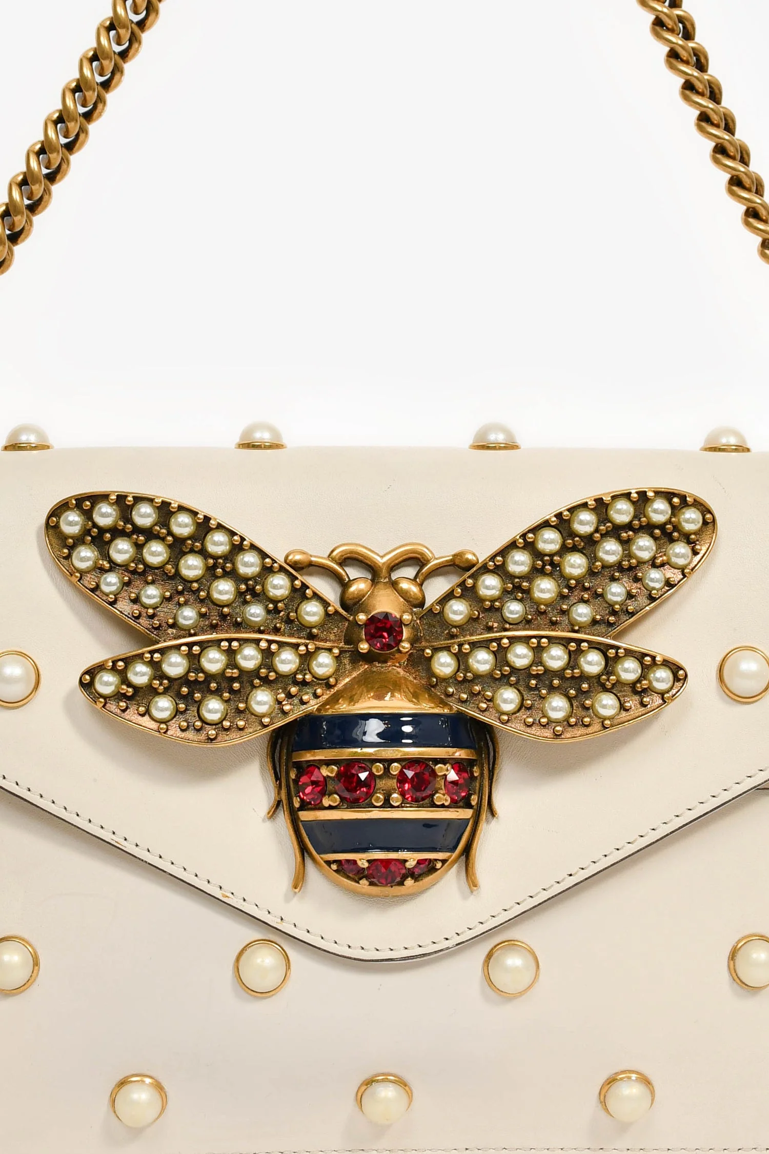 Gucci White Leather Pearl Studded Mini Broadway Bee Shoulder Bag with Web Strap - Image 7