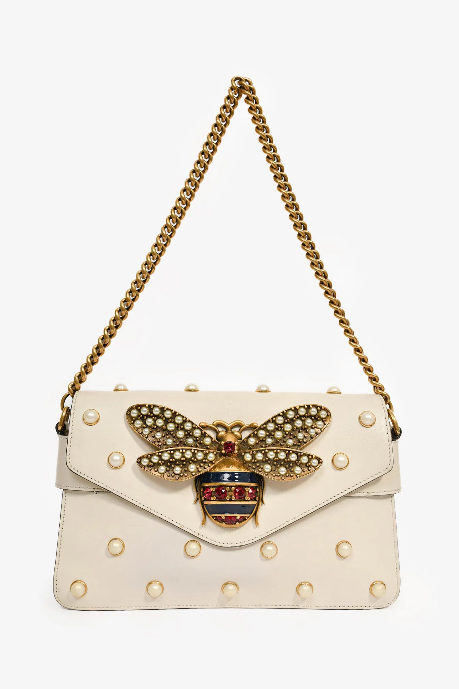 Gucci White Leather Pearl Studded Mini Broadway Bee Shoulder Bag with Web Strap - Image 9