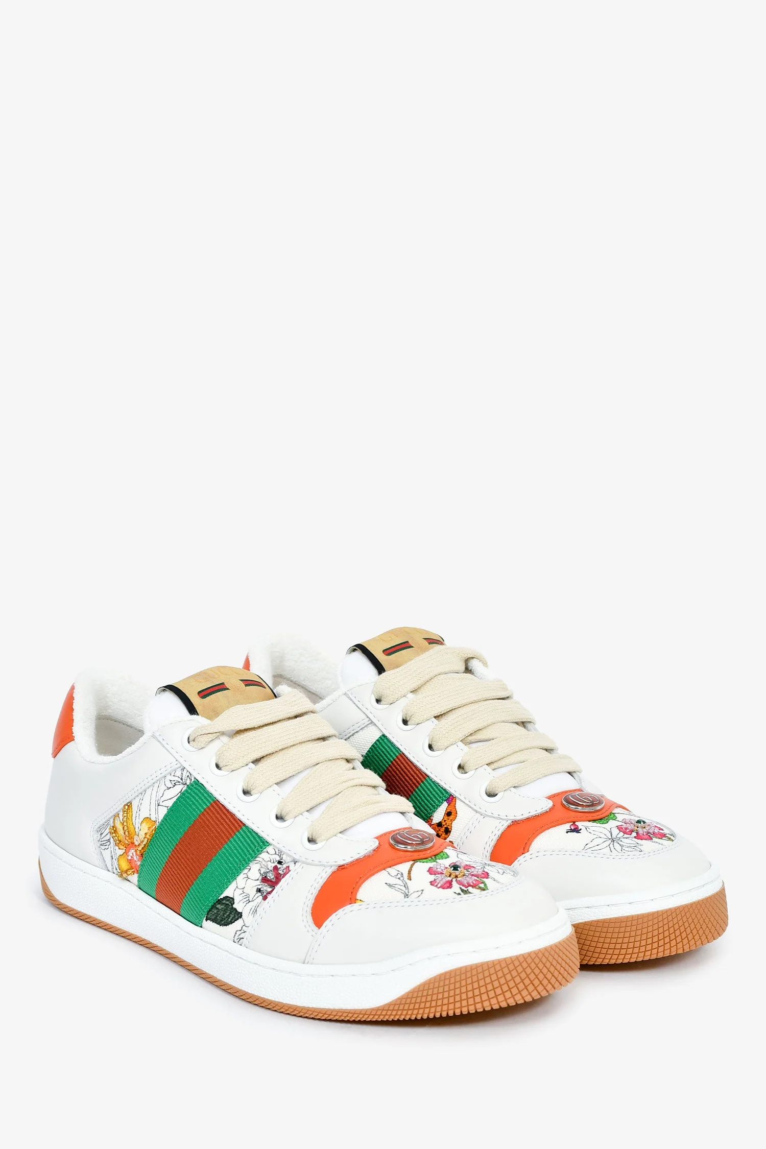 Gucci White/Orange Canvas/Leather Flora 'Screener' Sneakers Size 36.5 - Image 2