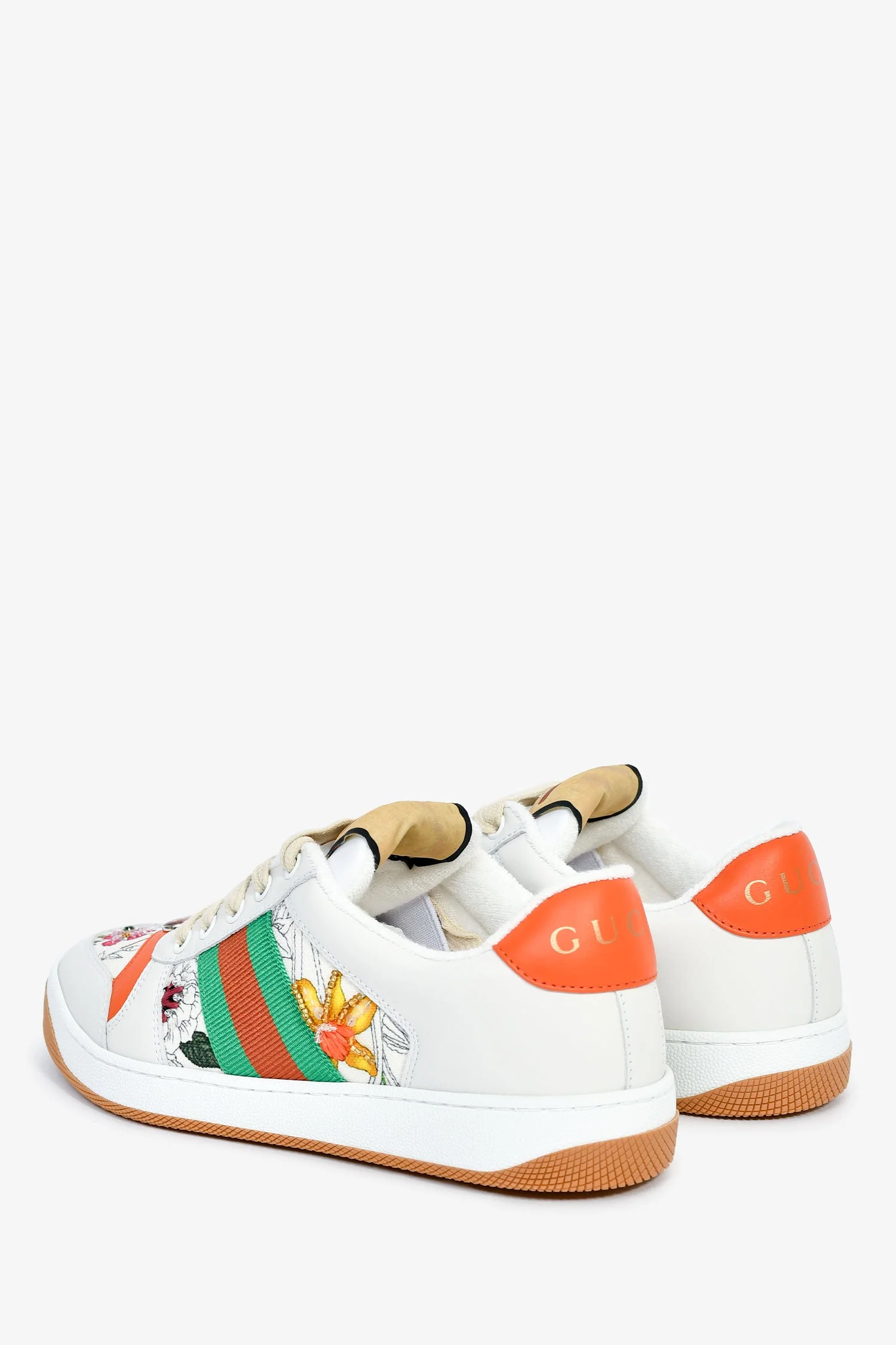 Gucci White/Orange Canvas/Leather Flora 'Screener' Sneakers Size 36.5 - Image 4