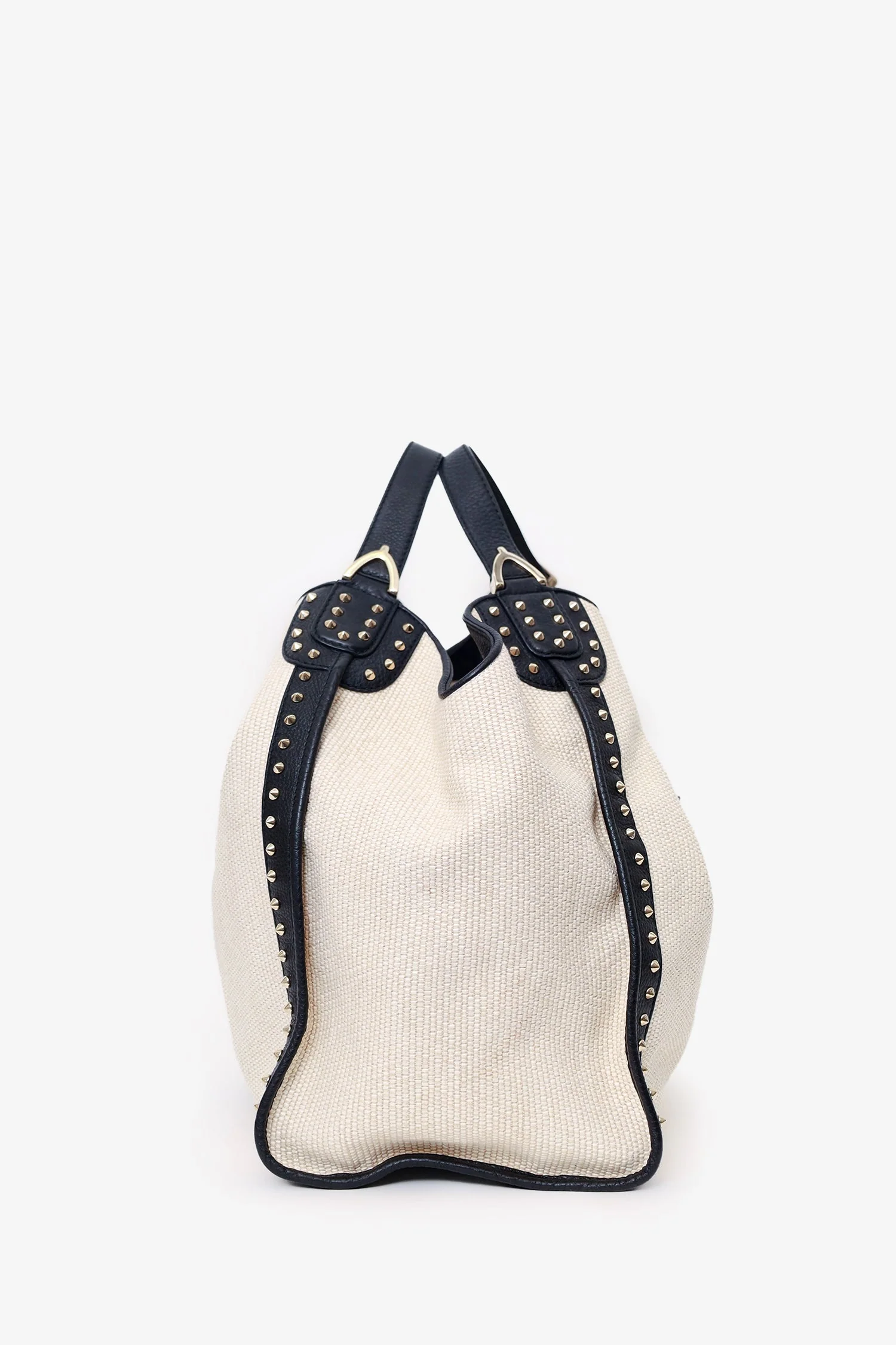 Gucci White Raffia Studded Large Stirrup Hobo - Image 3