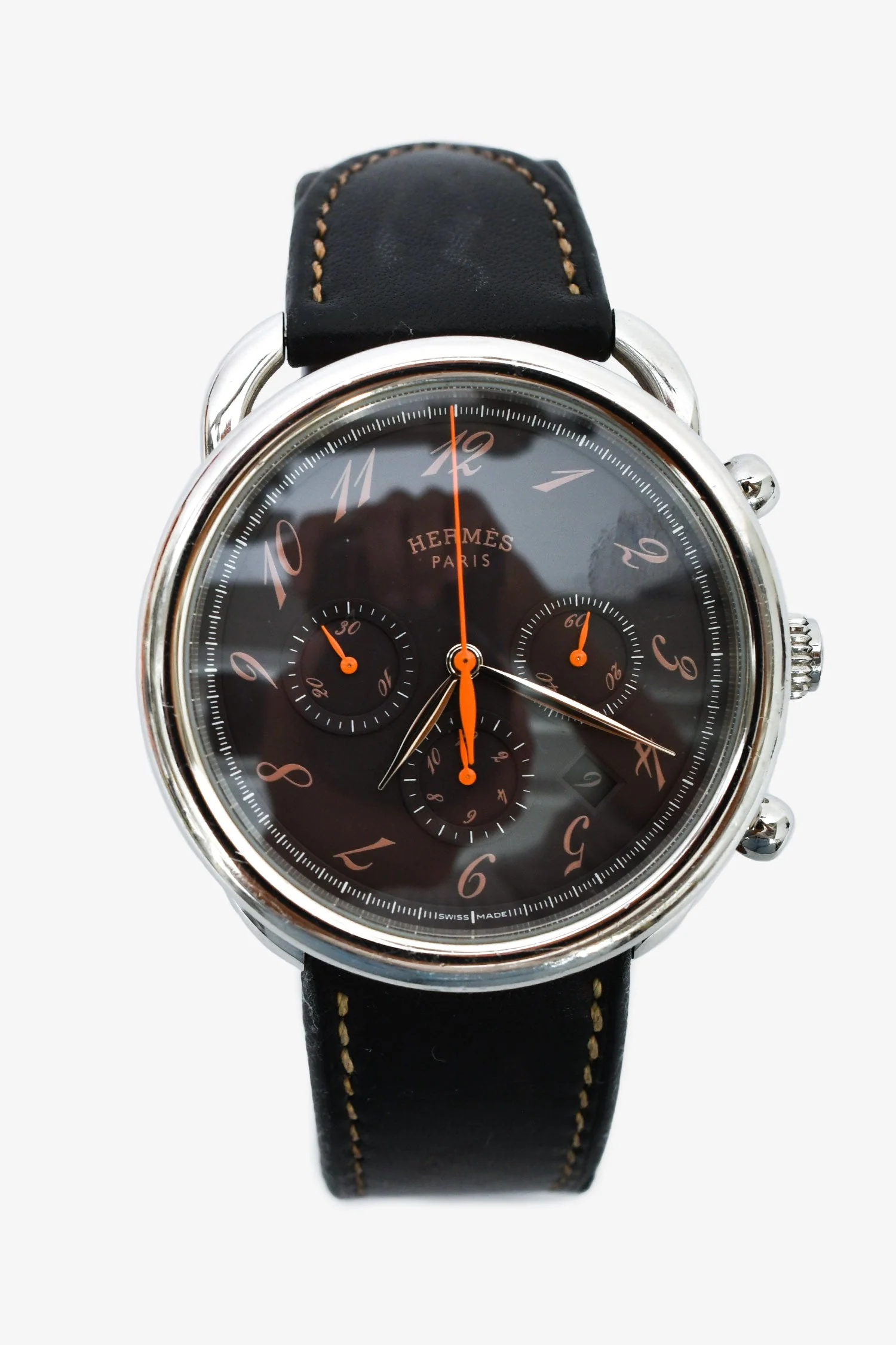 Hermès 2012 Black Leather 'Arceau Chronographe' 42 mm Watch - Image 6