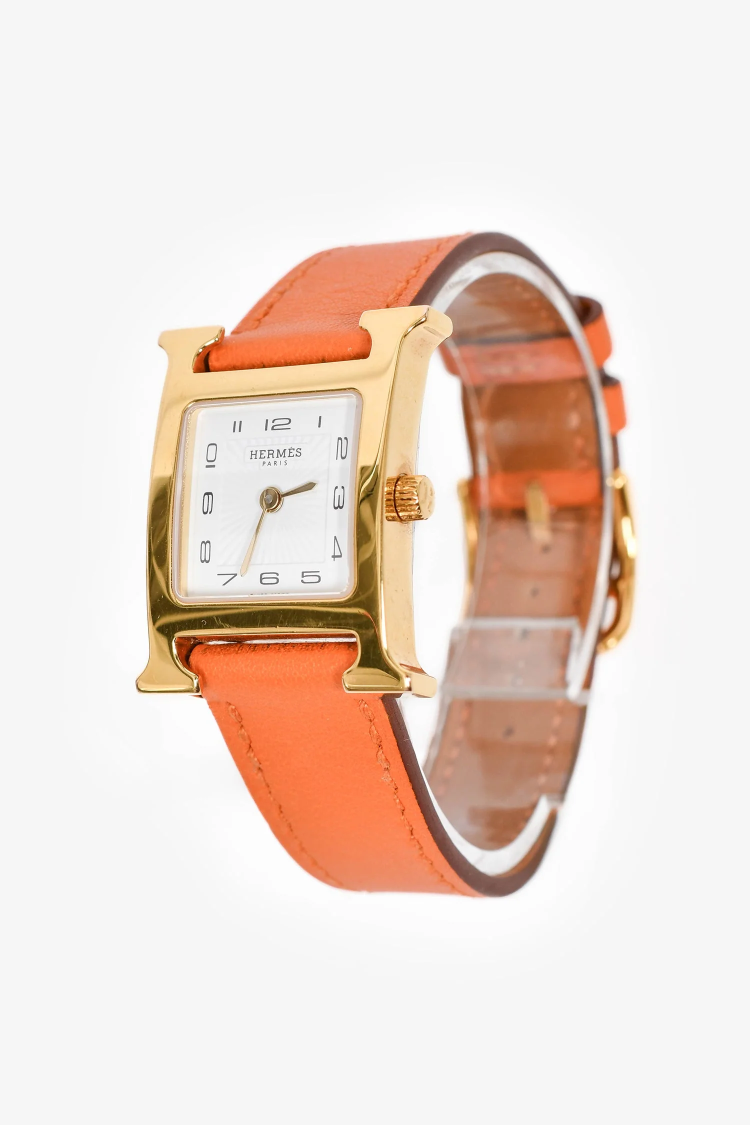 Hermès 2014 Orange/Stainless Steel Gold Tone 'Heure H' Mini Model Watch 21mm