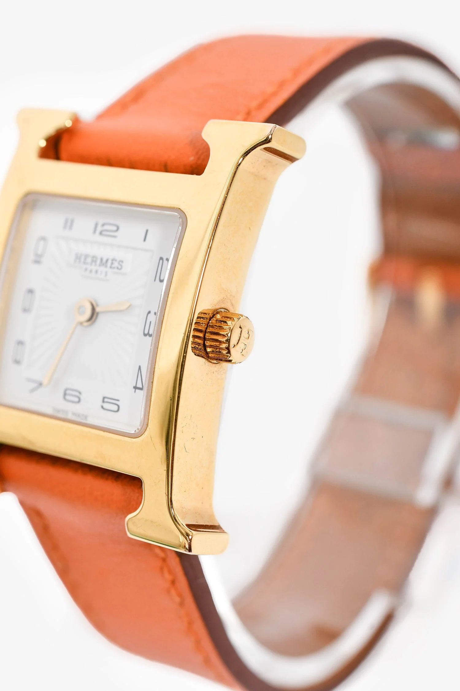 Hermès 2014 Orange/Stainless Steel Gold Tone 'Heure H' Mini Model Watch 21mm - Image 2