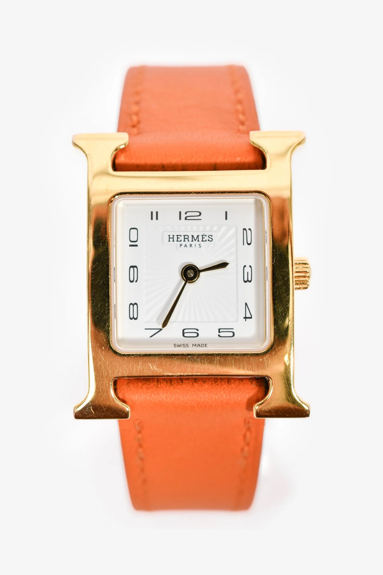 Hermès 2014 Orange/Stainless Steel Gold Tone 'Heure H' Mini Model Watch 21mm - Image 3
