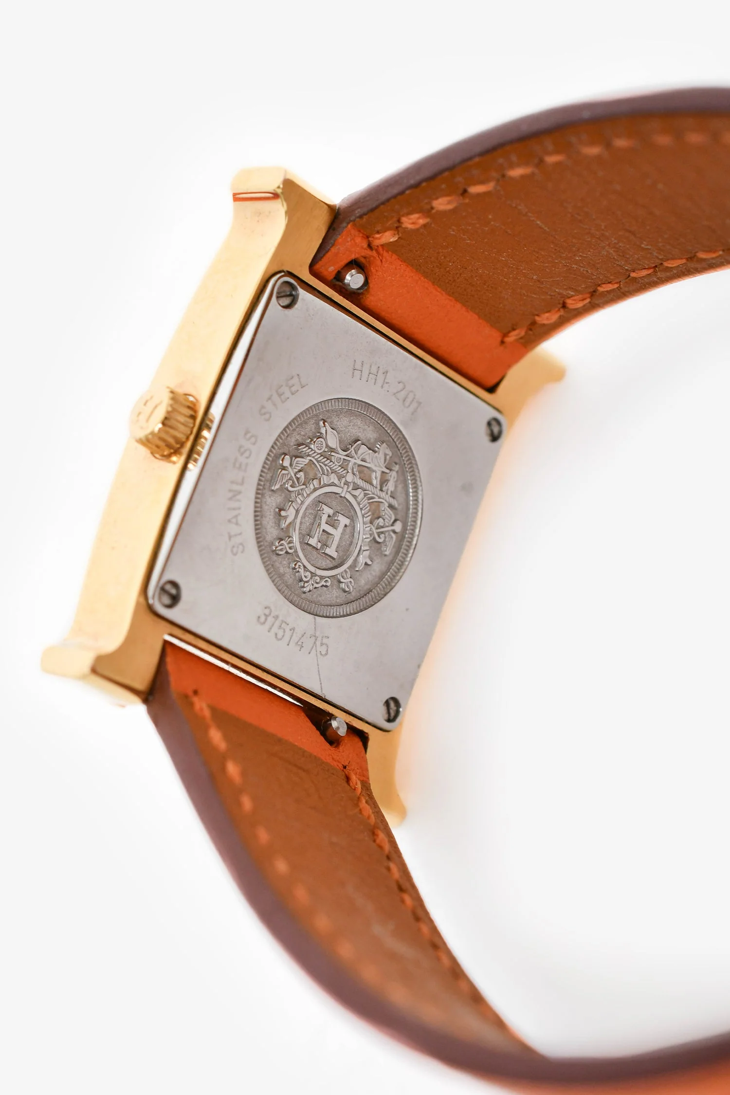 Hermès 2014 Orange/Stainless Steel Gold Tone 'Heure H' Mini Model Watch 21mm - Image 4