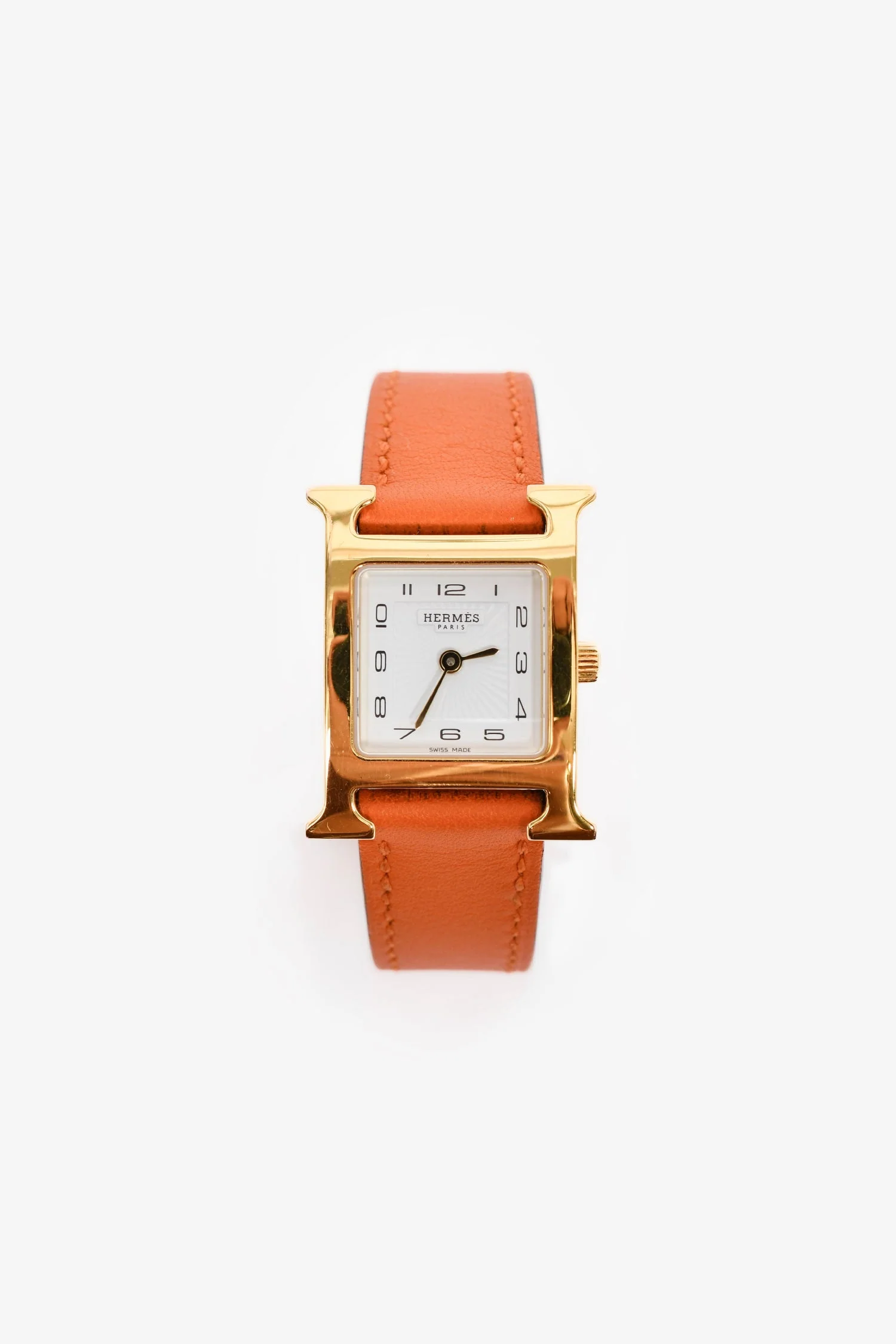 Hermès 2014 Orange/Stainless Steel Gold Tone 'Heure H' Mini Model Watch 21mm - Image 5