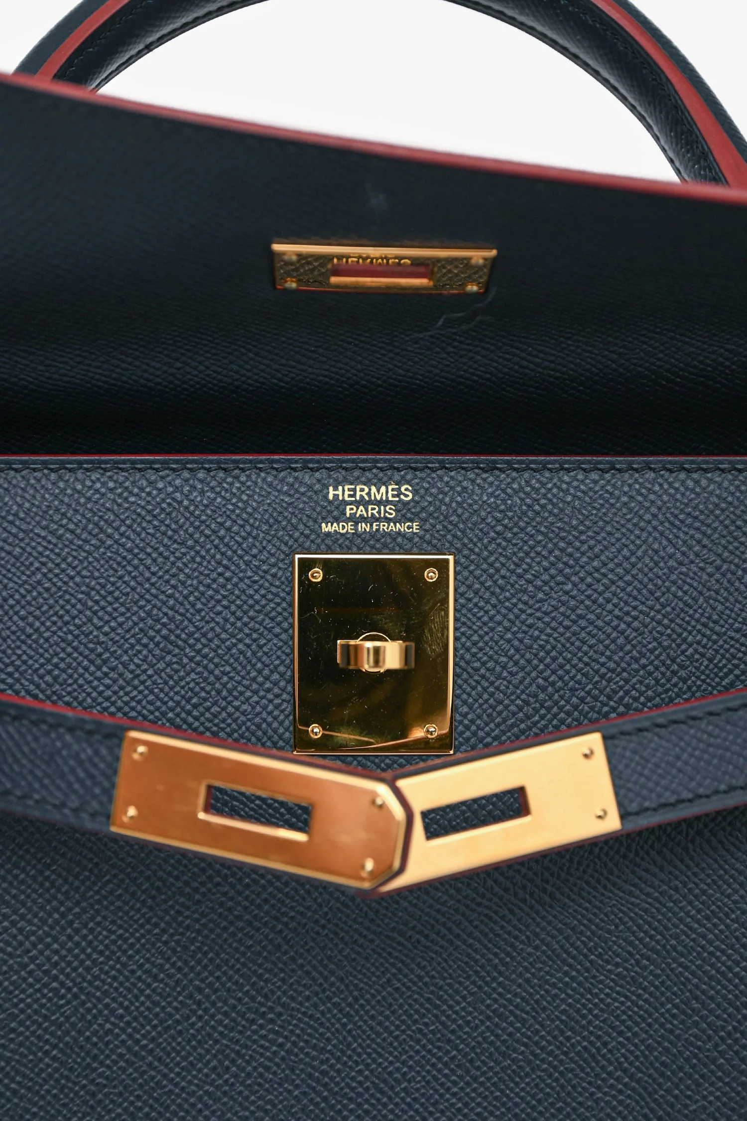 Hermès 2016 Blue Indigo/Rouge H Trim Epsom Leather Contour Sellier Kelly 32 with Strap GHW - Image 6