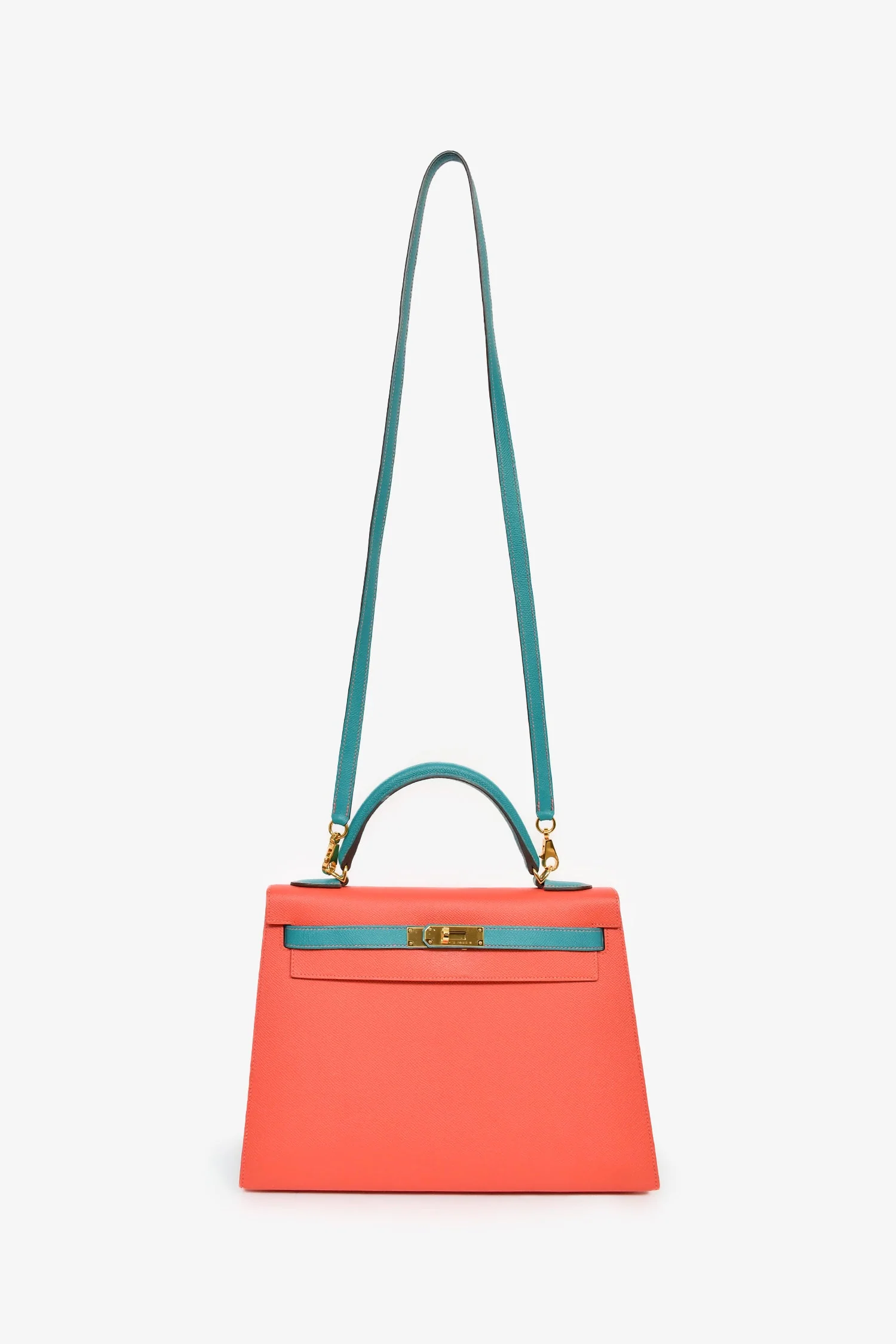 Hermès 2017 Special Order Coral/Teal Bi-Colour Epsom Leather Kelly Sellier 32 - Image 7