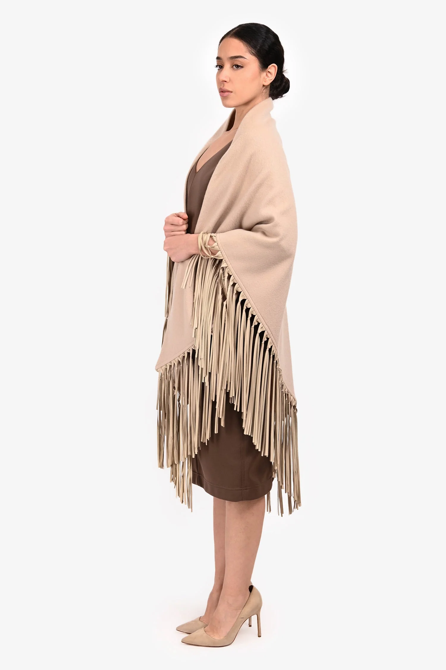 Hermès Beige Cashmere Leather Fringe Shawl One Size - Image 3