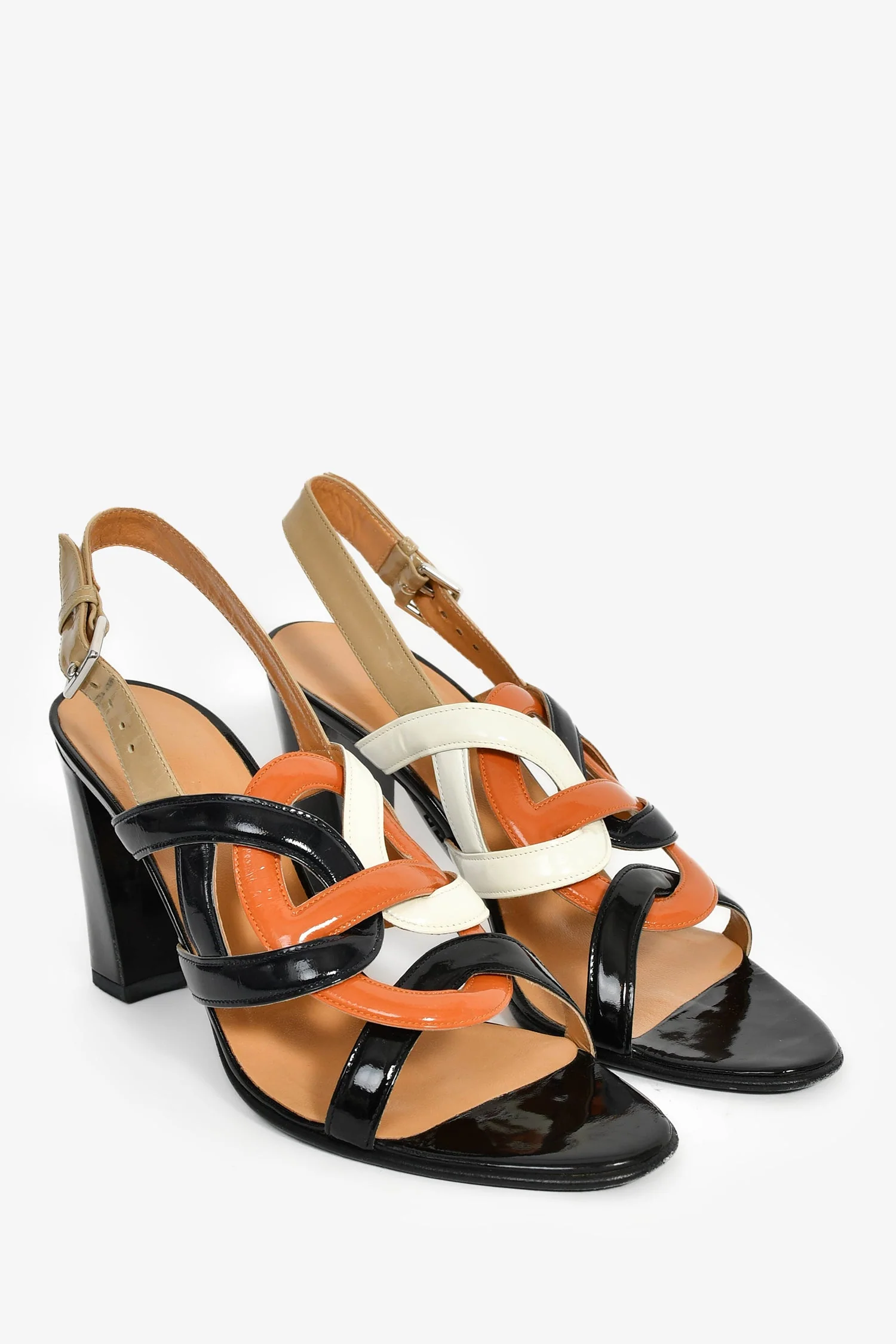 Hermes Black/Orange Patent 'Chain d'Ancre' Heeled Sandals Size 38 - Image 2