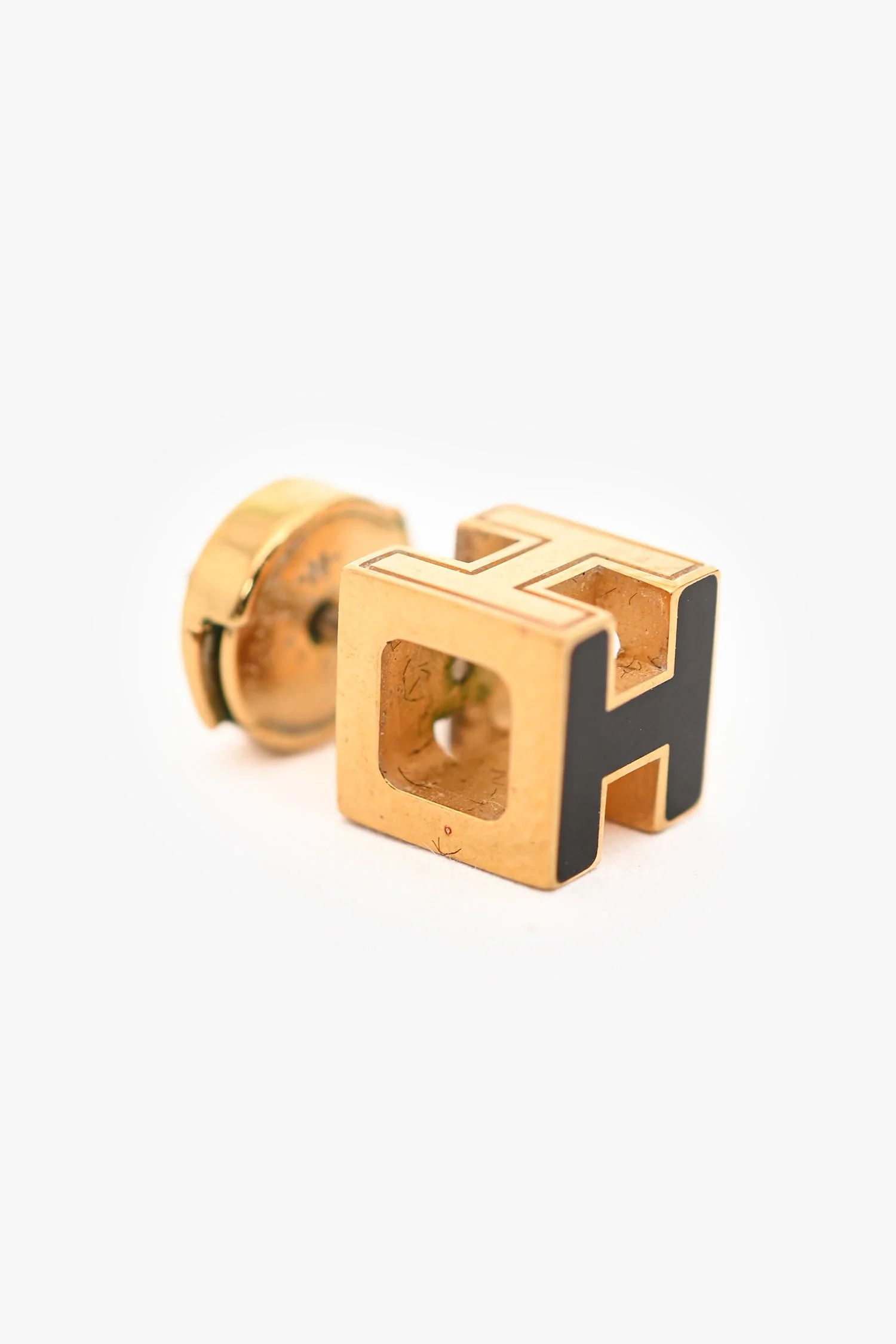 Hermès Gold Tone Metal/Black Enamel H Cube Earrings - Image 2