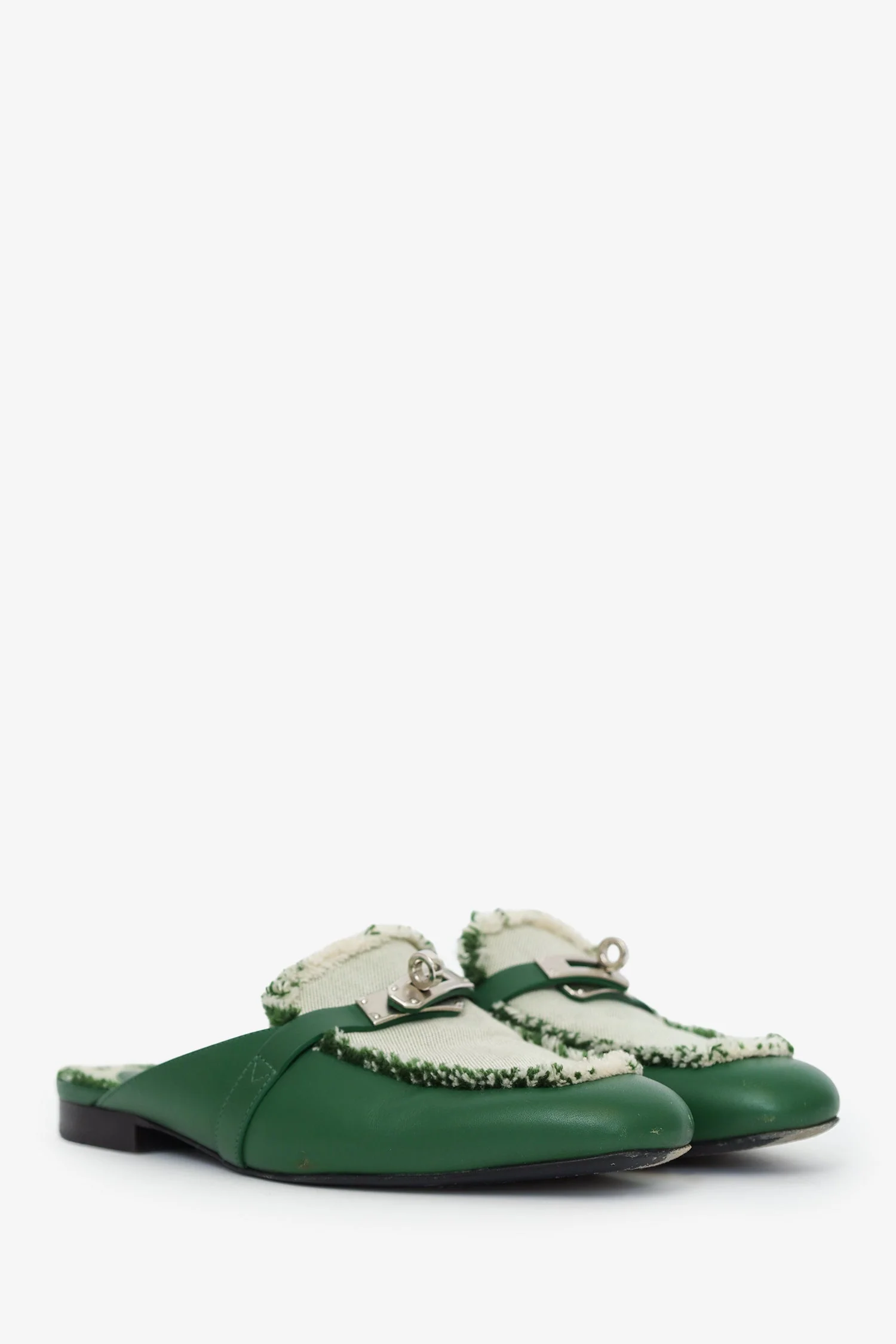 Hermes Green Toile Calfskin Fringe Oz Mules Size 37 - Image 2