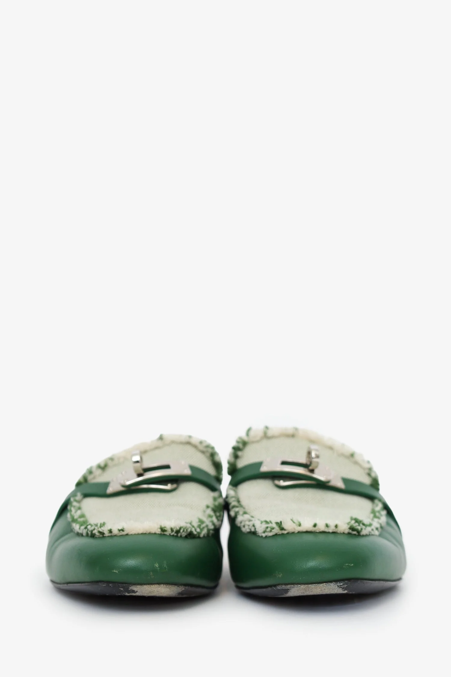 Hermes Green Toile Calfskin Fringe Oz Mules Size 37 - Image 3
