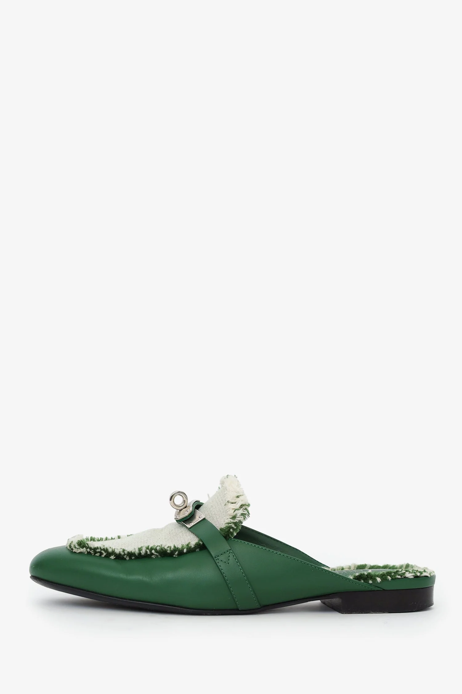 Hermes Green Toile Calfskin Fringe Oz Mules Size 37 - Image 5