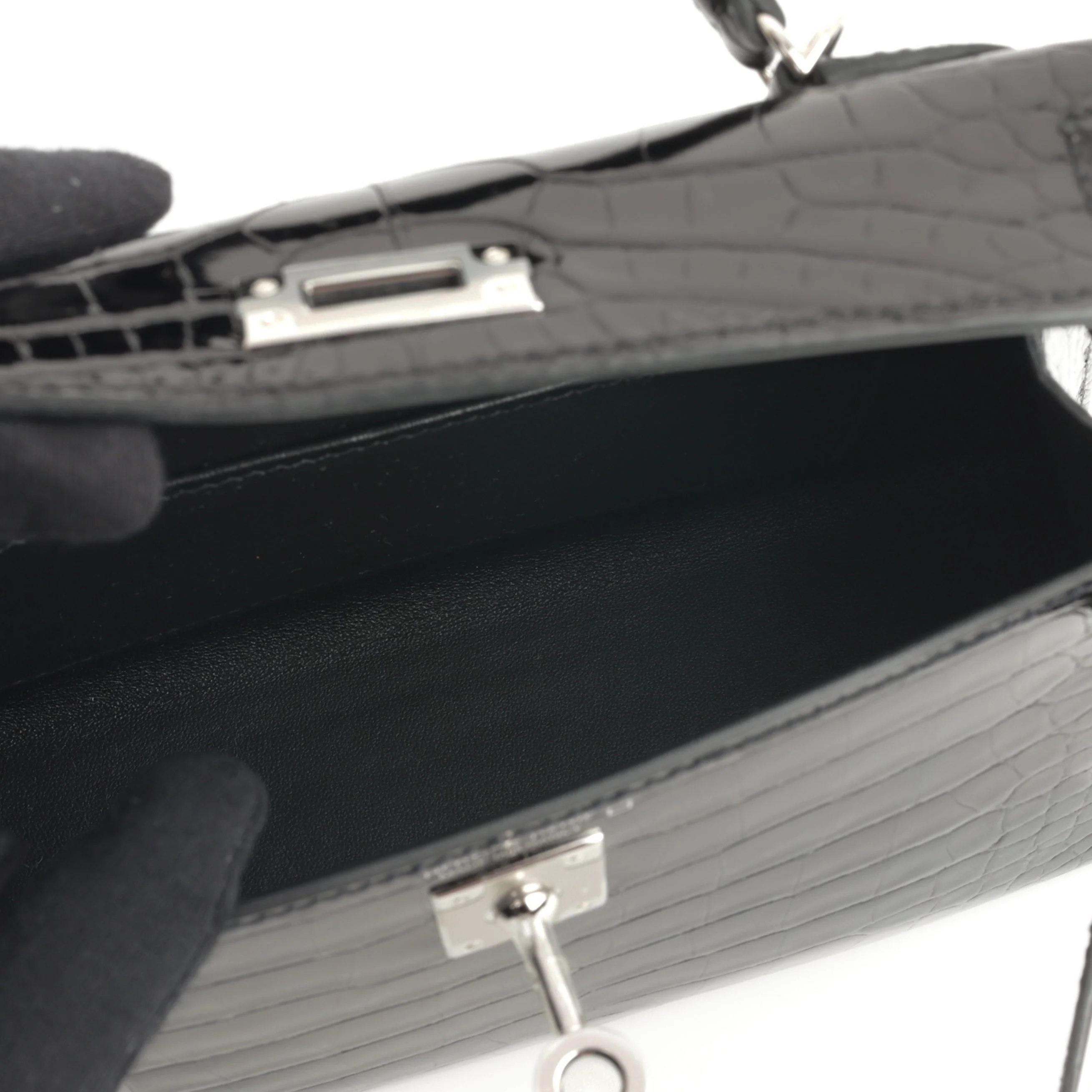 Hermès Mini Kelly - Black Shiny Alligator | Palladium Hardware - Image 7