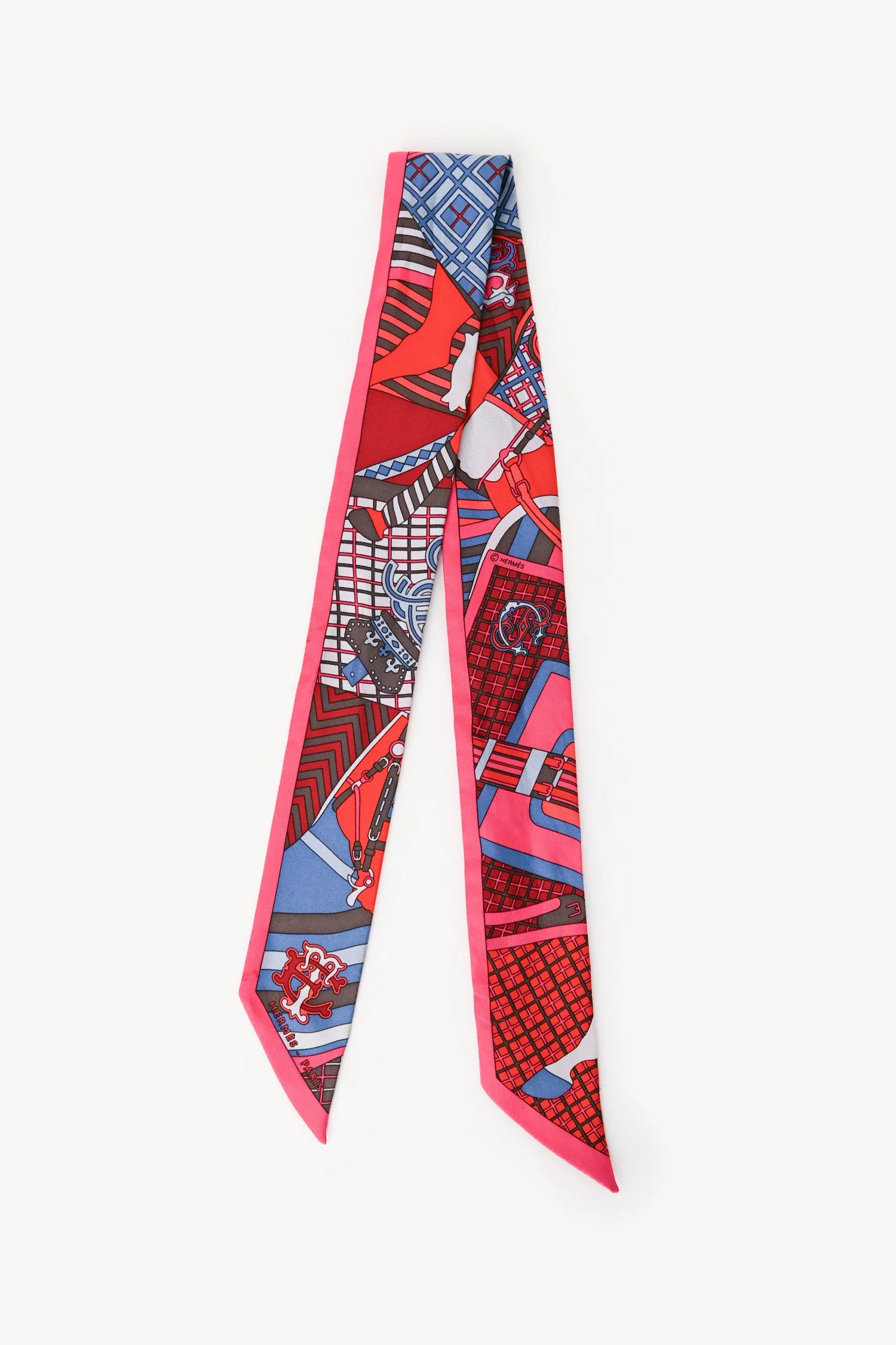 Hermès Pink/Blue Silk Graphic Print Twilly - Image 3
