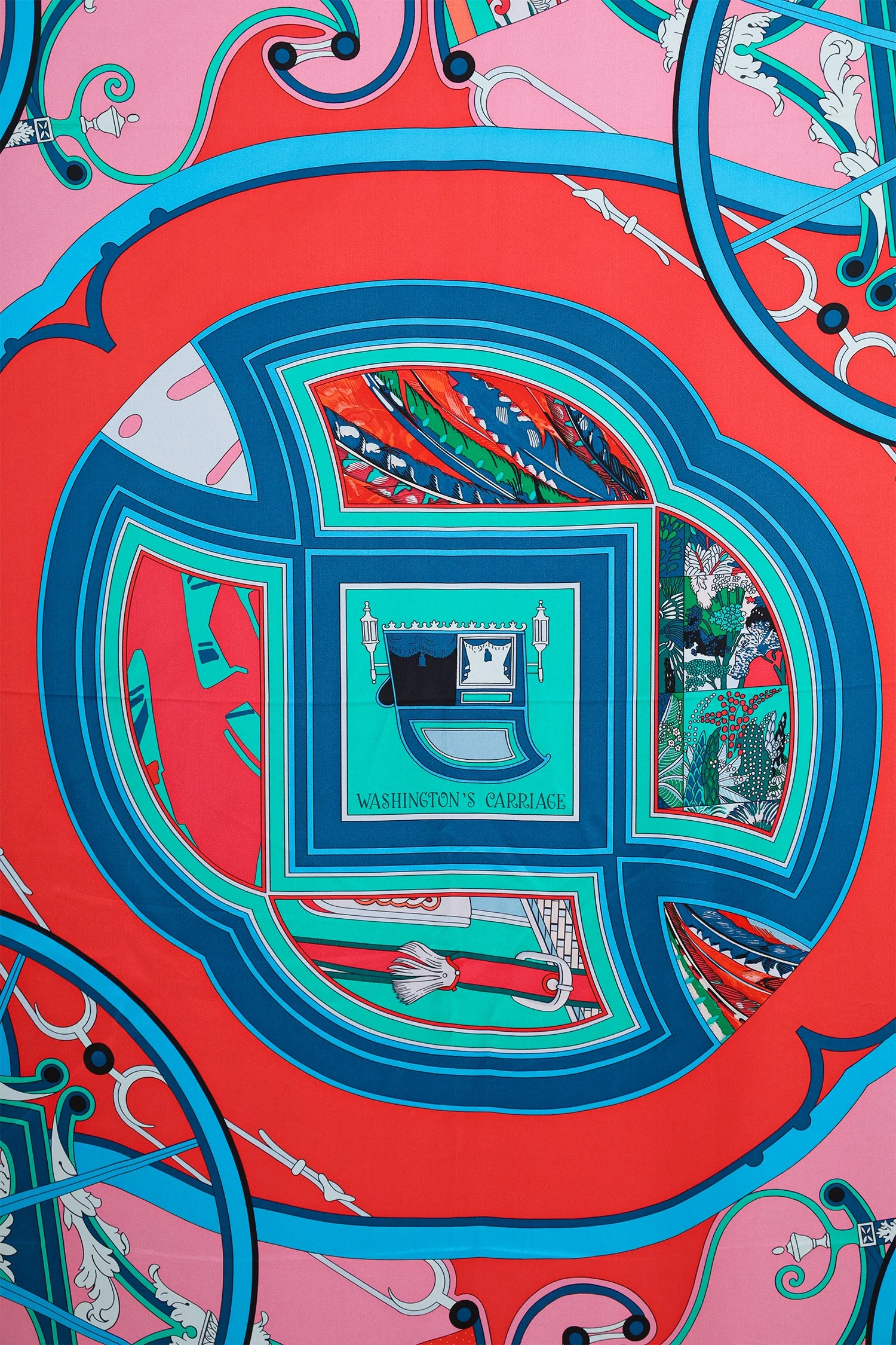 Hermès Teal/Red/Multi Silk 'Washington's Carriage' Scarf 140 - Image 2