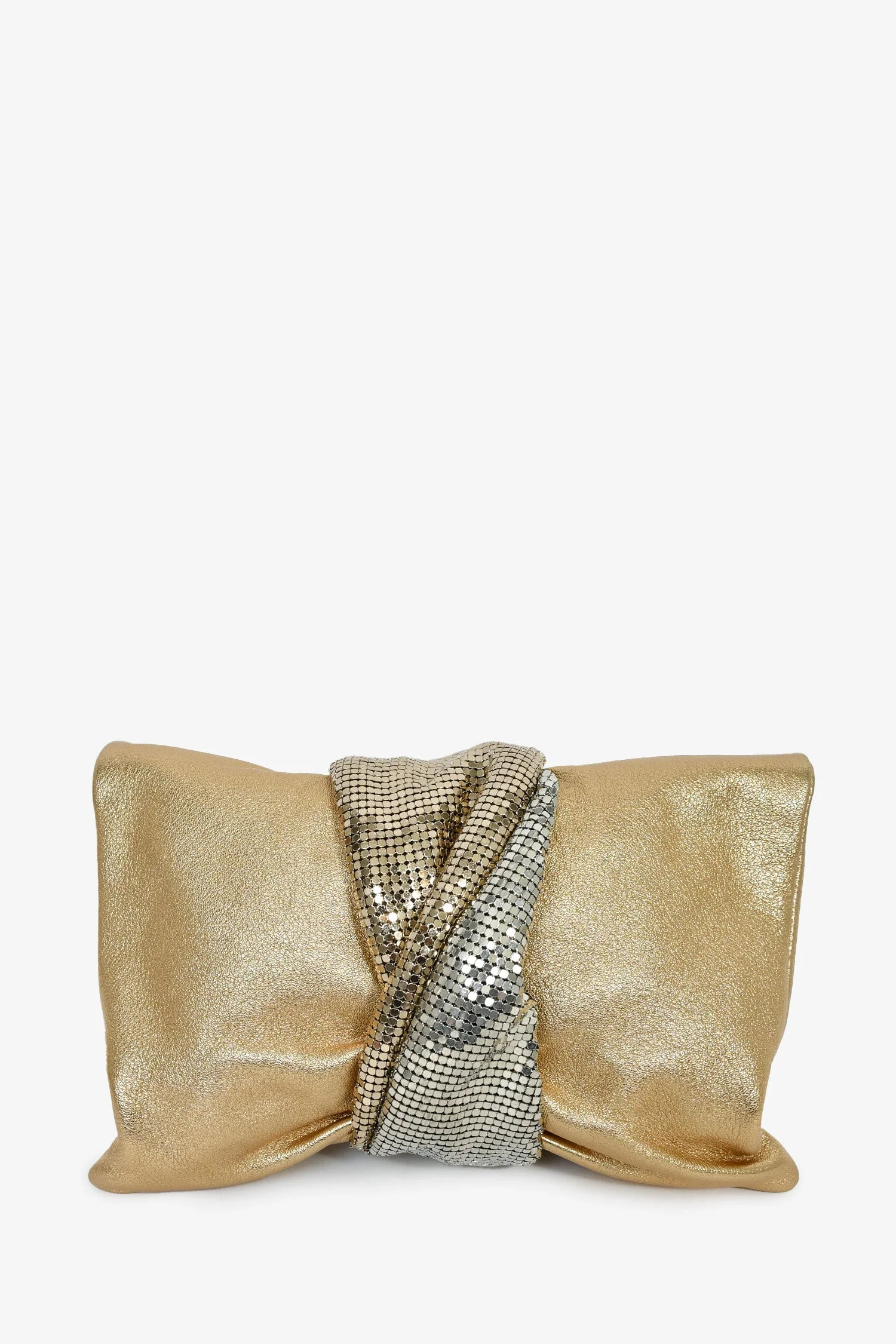 Jimmy Choo Gold Leather Silver Chain Mesh Fold Over Clutch With Bracelet Chain - Image 2