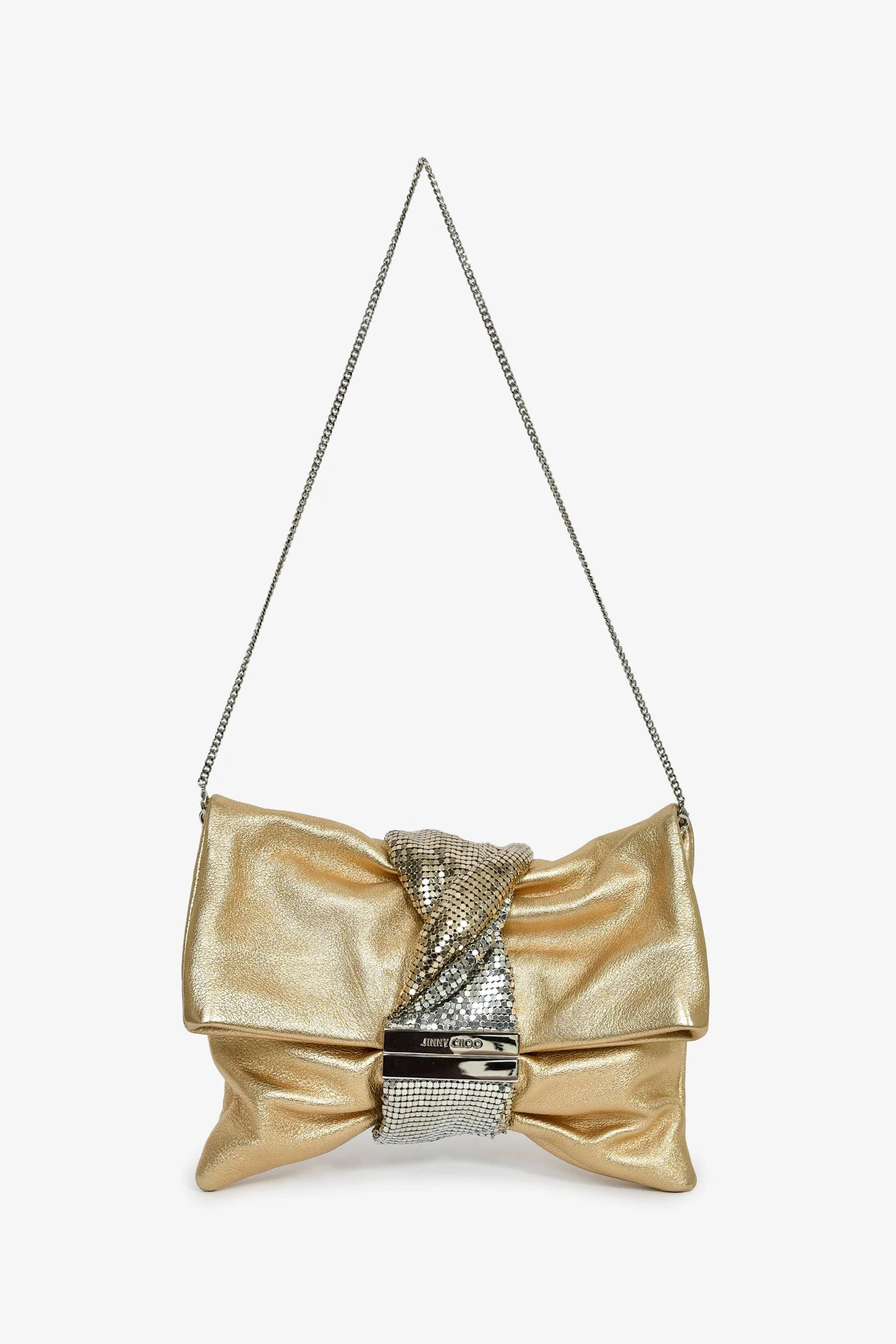Jimmy Choo Gold Leather Silver Chain Mesh Fold Over Clutch With Bracelet Chain - Image 7