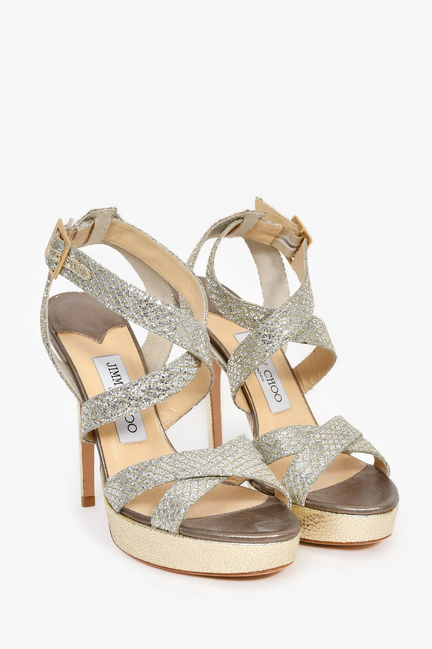 Jimmy Choo Gold/Silver Sparkly Metallic Platform Heels Size 37.5 - Image 2