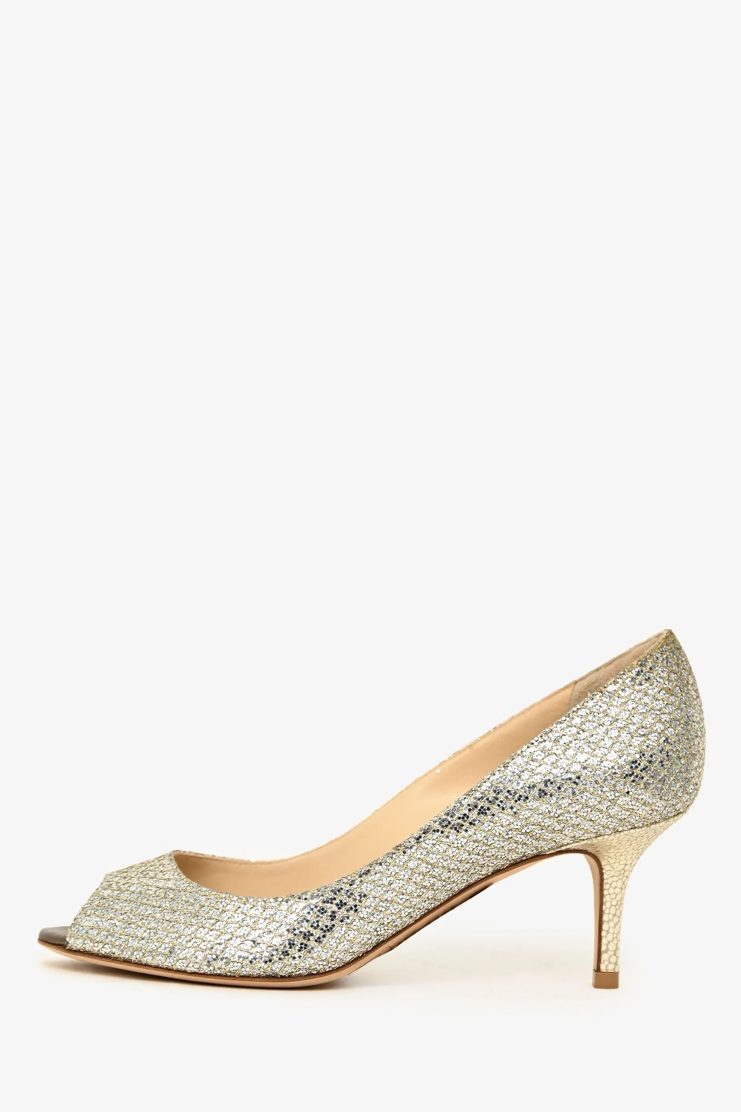 Jimmy Choo Silver Metallic Peep Toe Heels Size 34.5 - Image 4