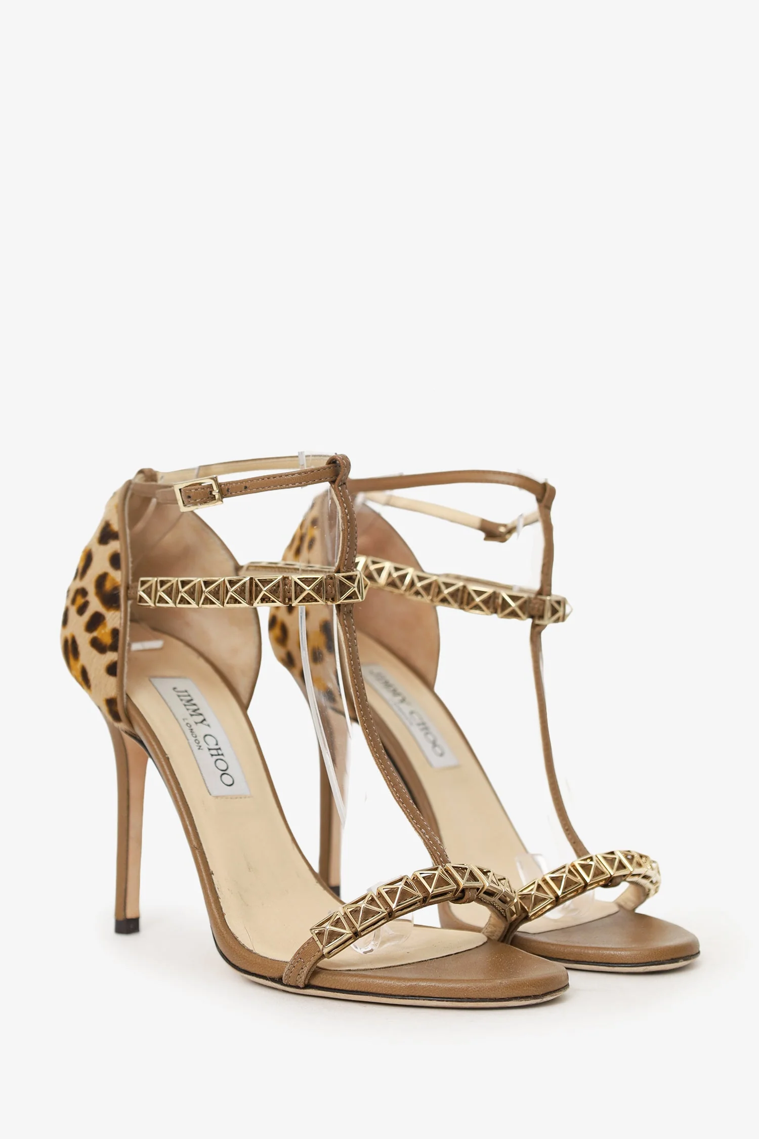 Jimmy Choo Taupe Leopard Print Leather/Pony Hair T-Strap Sandals Size 38 - Image 2