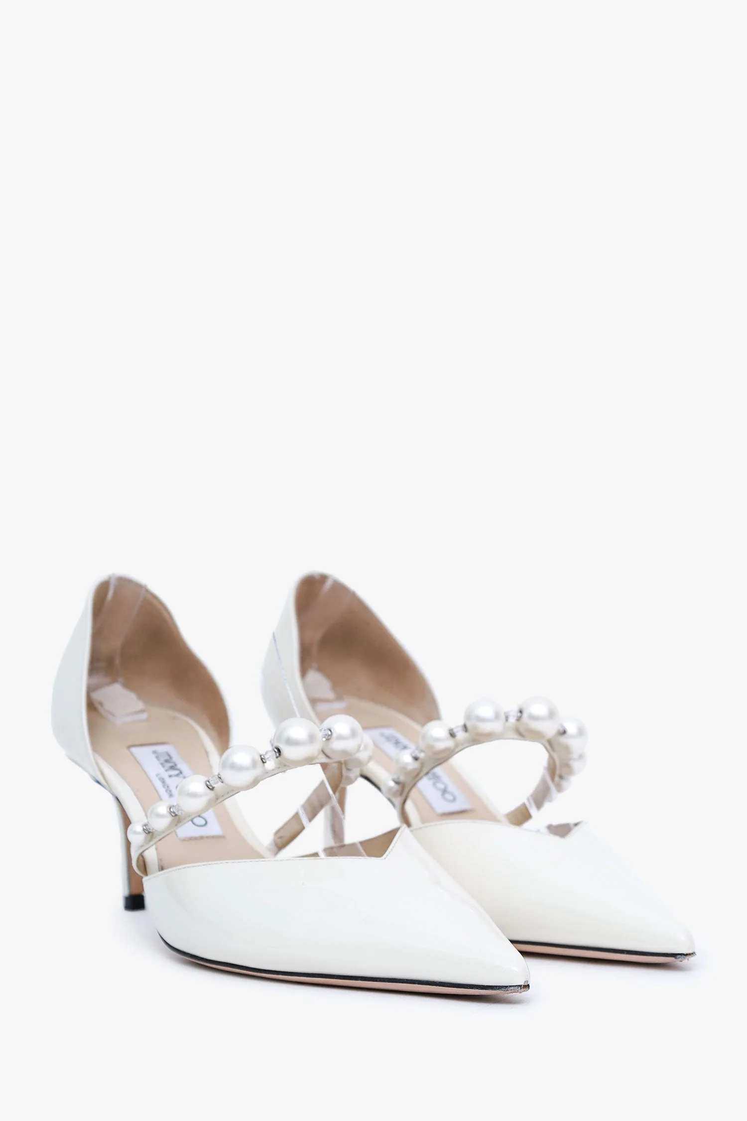 Jimmy Choo White Patent Leather Pearl Aurelie 65 Pumps Size 38 - Image 2