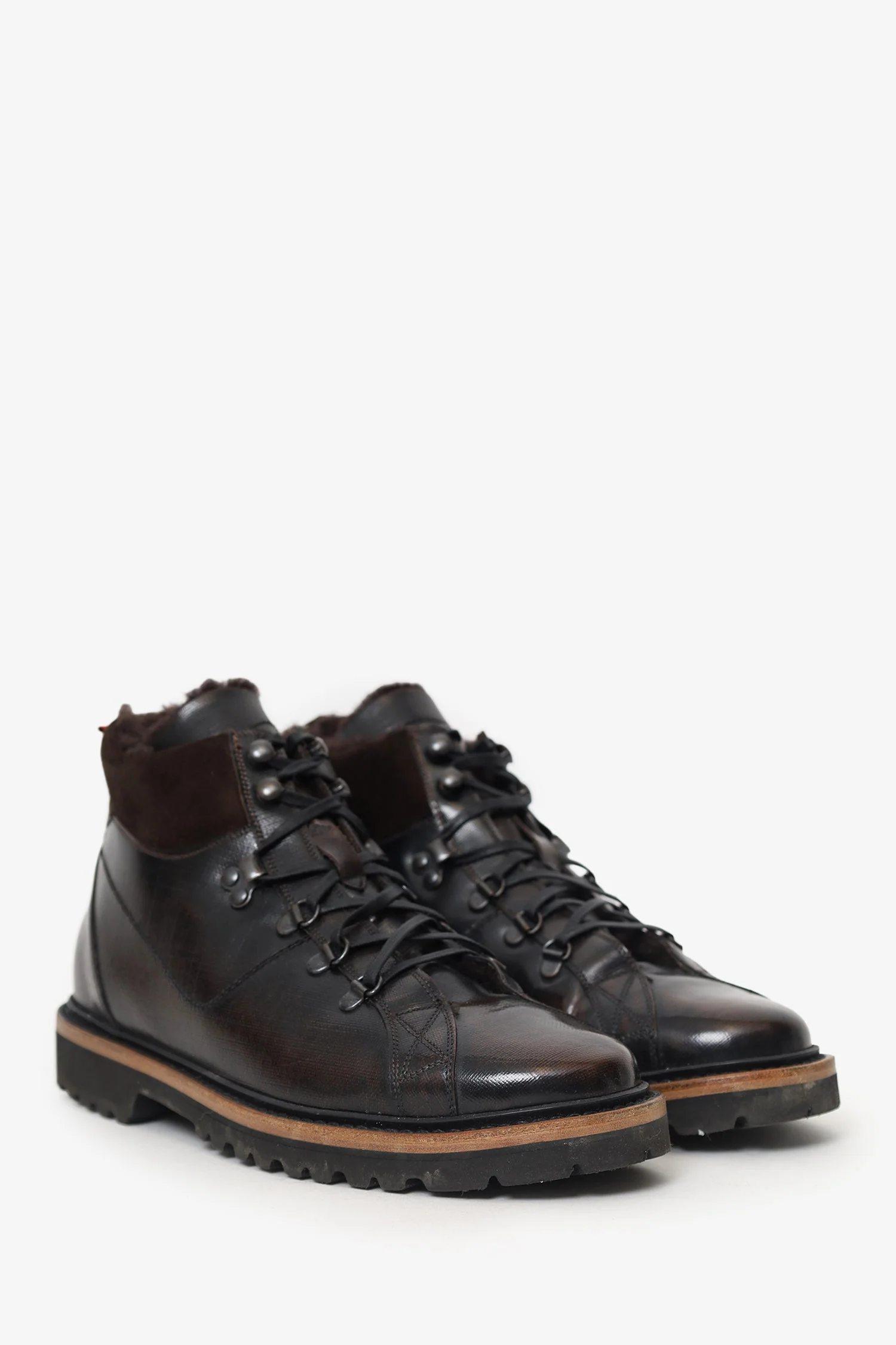 Kiton Brown Leather/Shearling Lace Up Boots Size 8 Mens - Image 2
