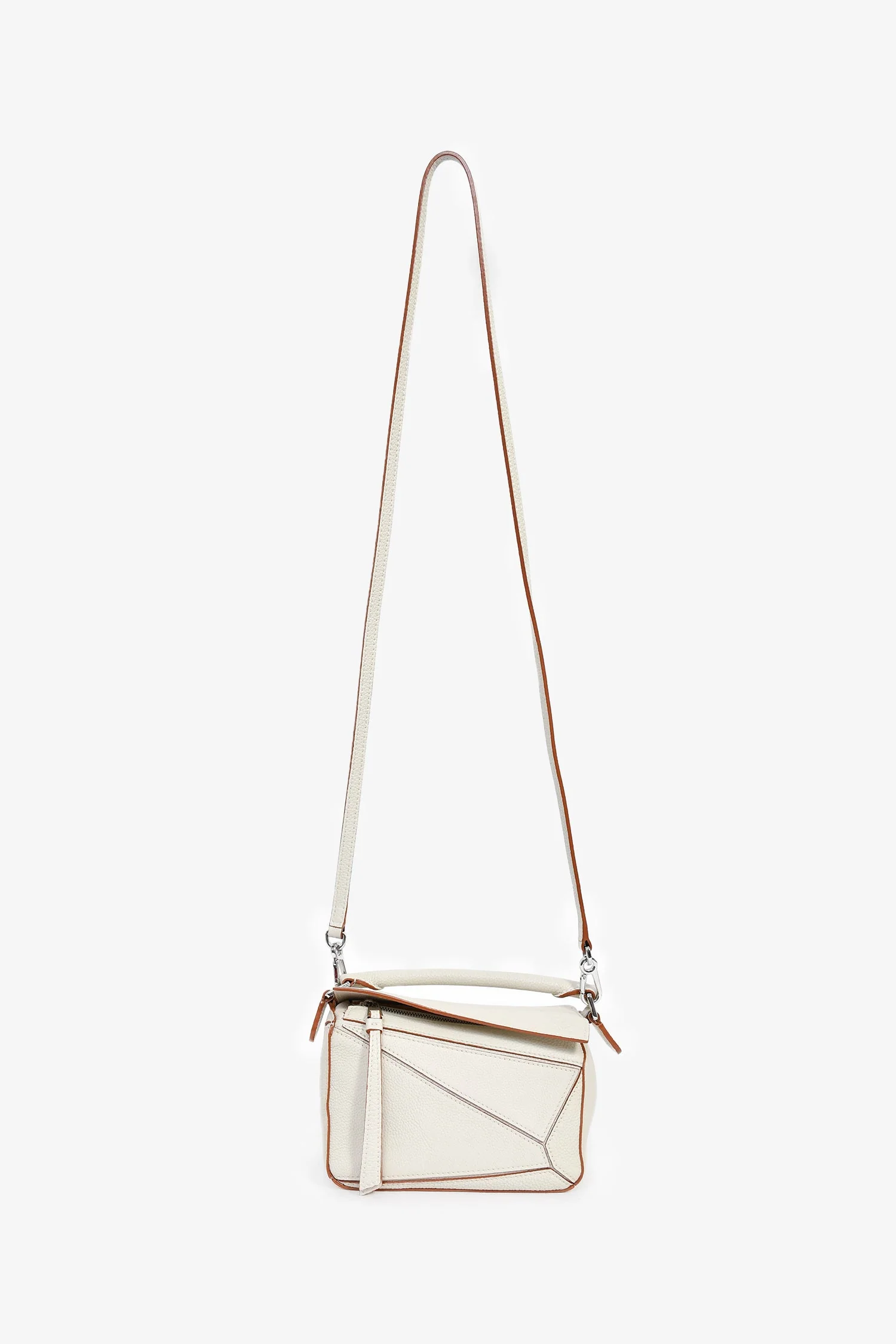 Loewe 2021 White/Brown Contrast Leather Mini Puzzle Bag with Strap - Image 7