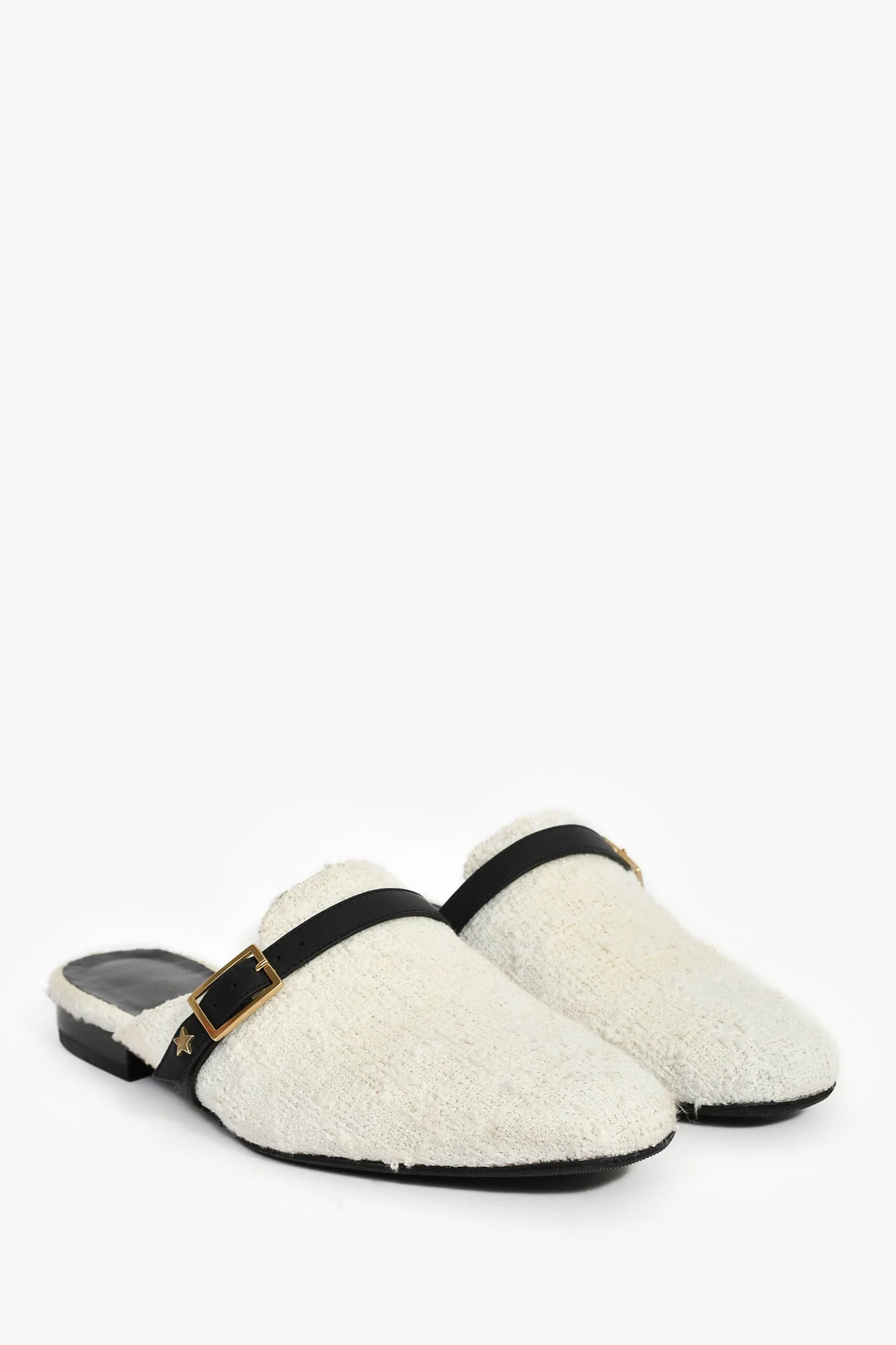 Lorena Antoniazzi White Tweed Leather Buckle Slide Mules Size 37 - Image 2