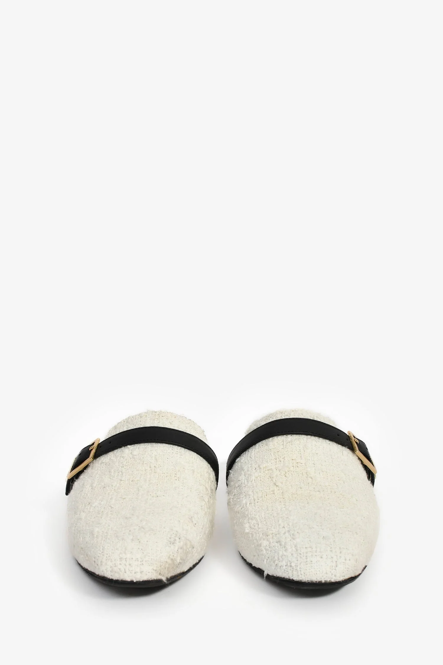 Lorena Antoniazzi White Tweed Leather Buckle Slide Mules Size 37 - Image 3