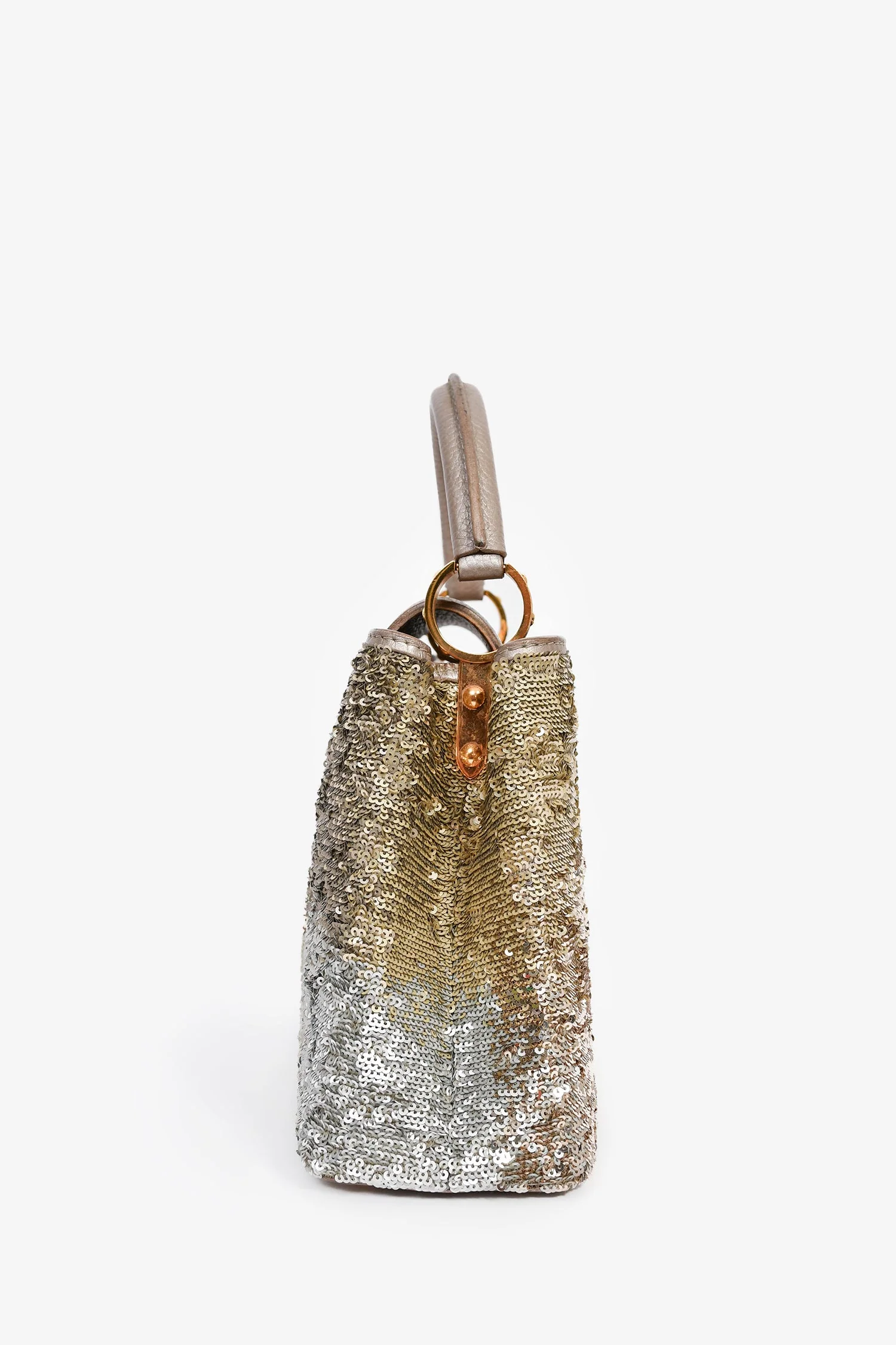 Louis Vuitton 2015 Beige Metallic Sequins Taurillon Capucines BB with Strap - Image 3