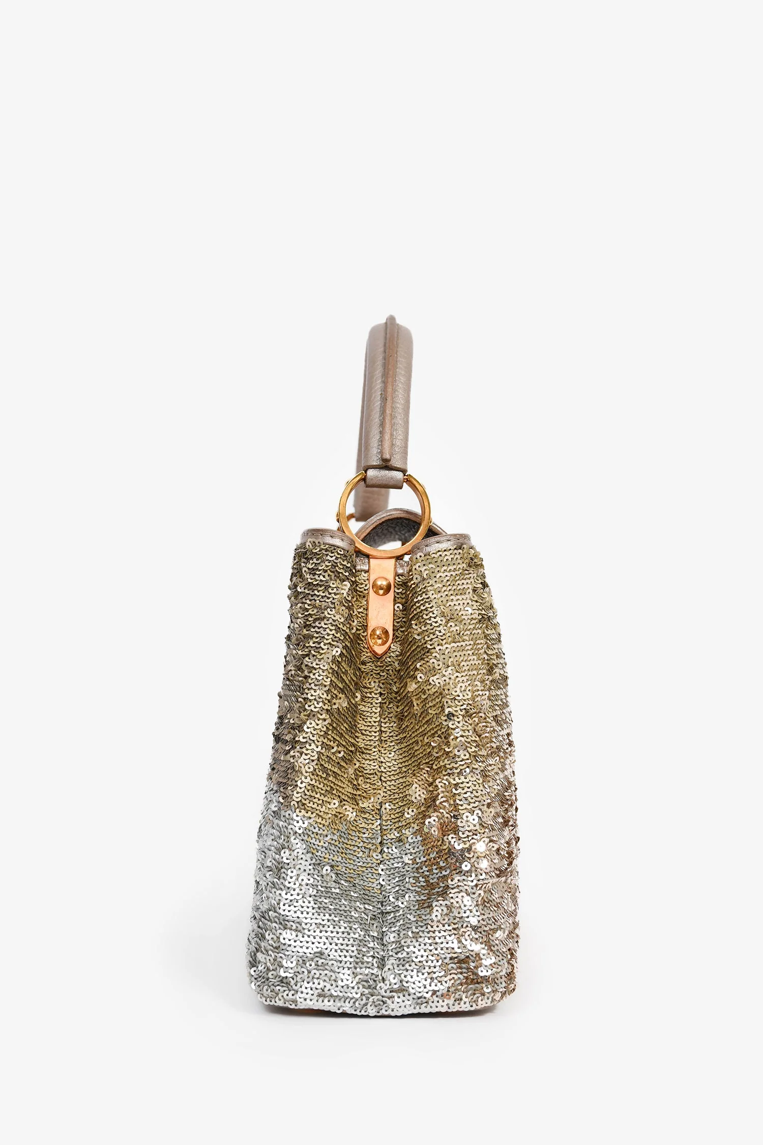 Louis Vuitton 2015 Beige Metallic Sequins Taurillon Capucines BB with Strap - Image 4