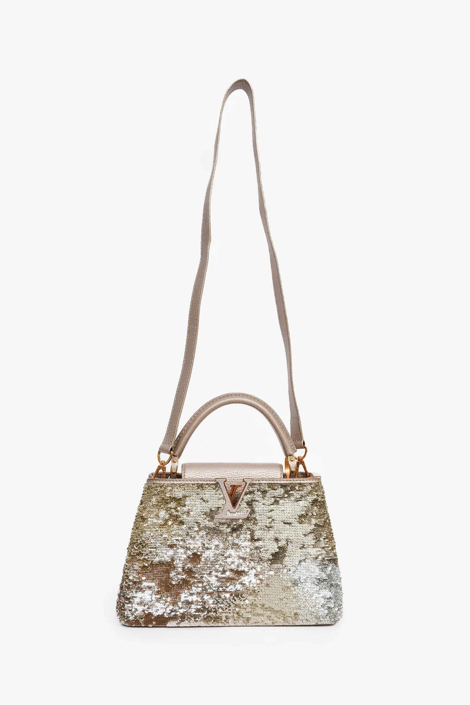 Louis Vuitton 2015 Beige Metallic Sequins Taurillon Capucines BB with Strap - Image 7