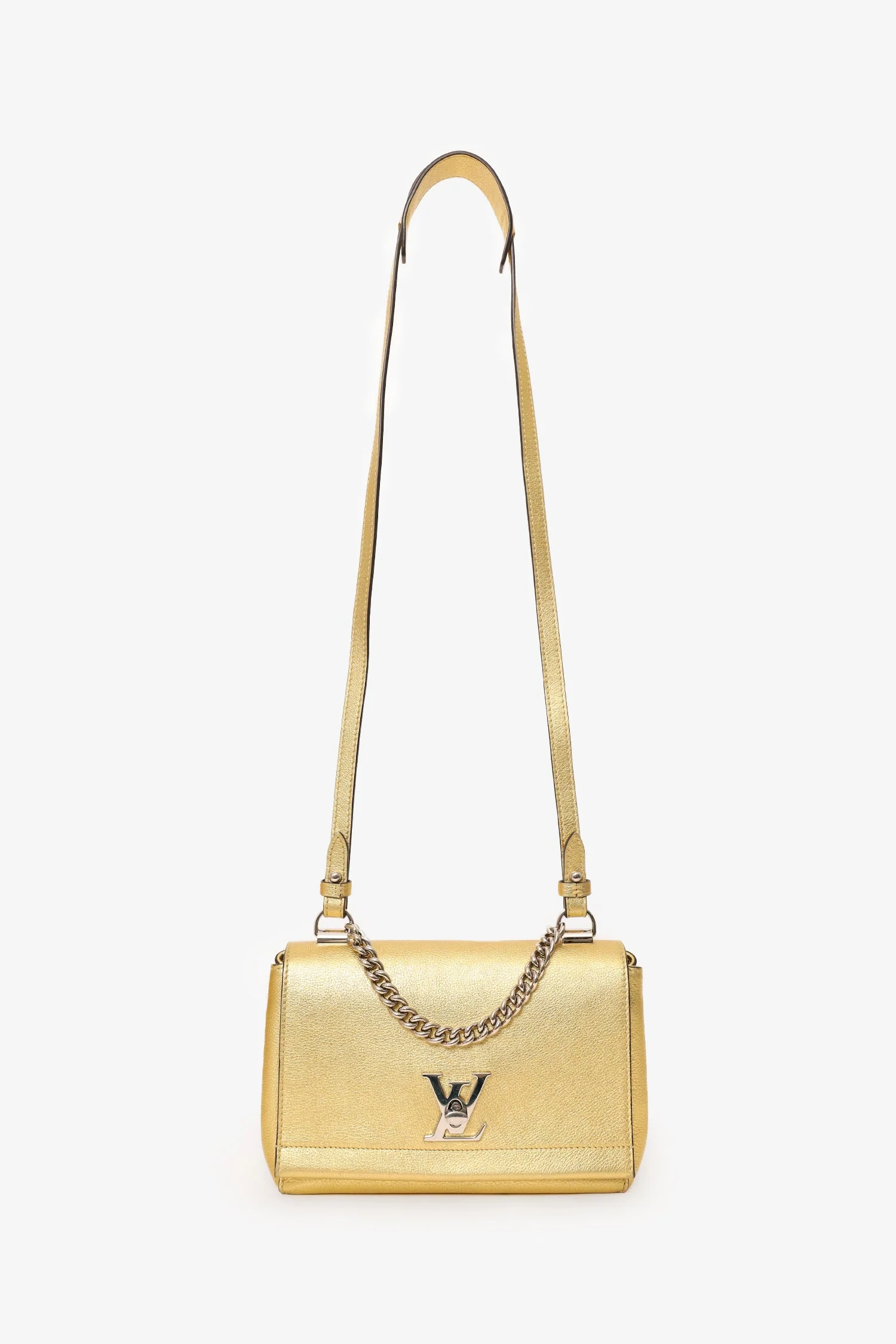 Louis Vuitton 2017 Gold Metallic Taurillon Leather 'LockMe' BB Chain Bag with Strap - Image 7