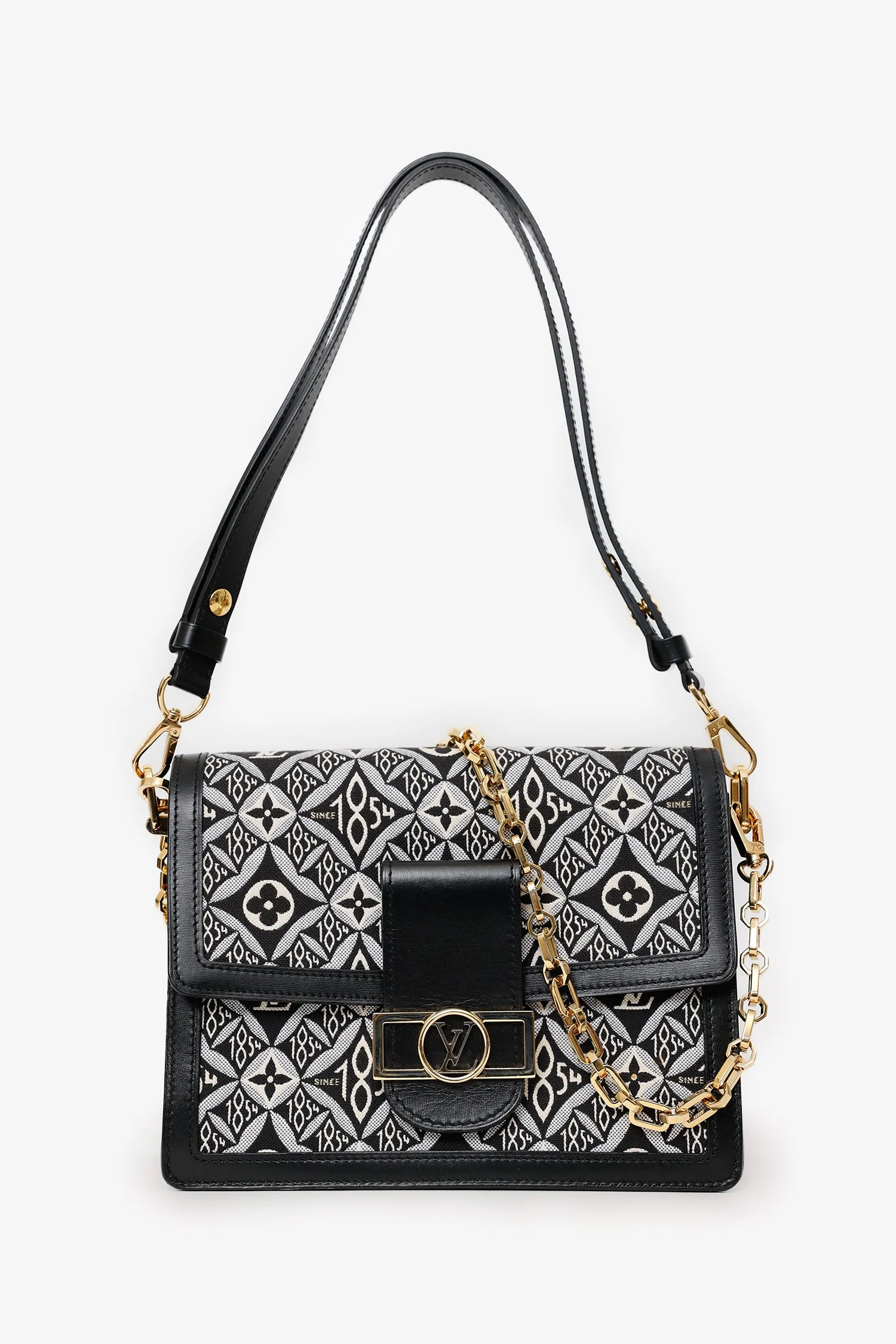 Louis Vuitton 2020 Black/White Jacquard Since 1854 Dauphine MM Bag With Strap - Image 8