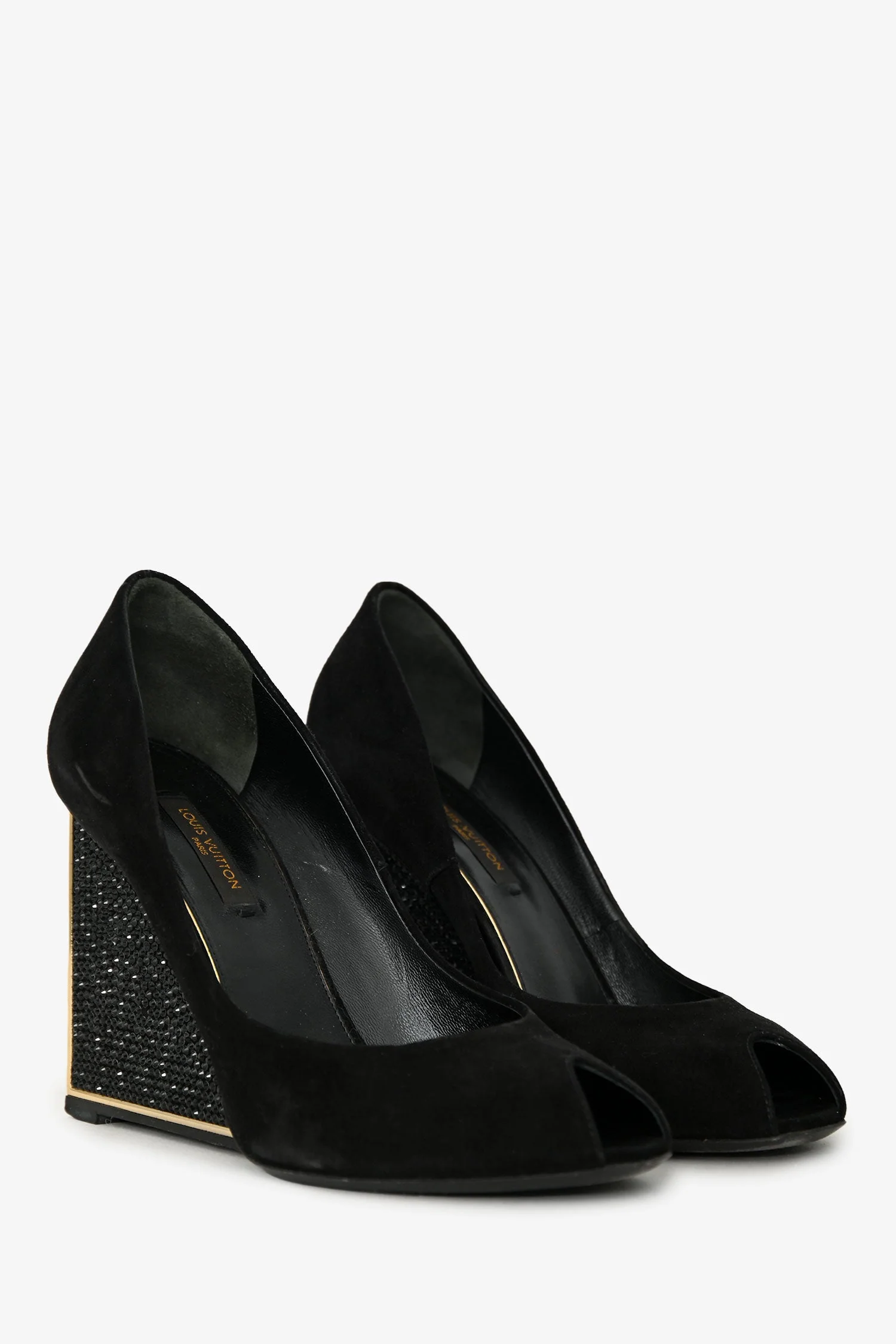Louis Vuitton Black Suede Crystal Embellished Wedge Heels Size 36 - Image 2