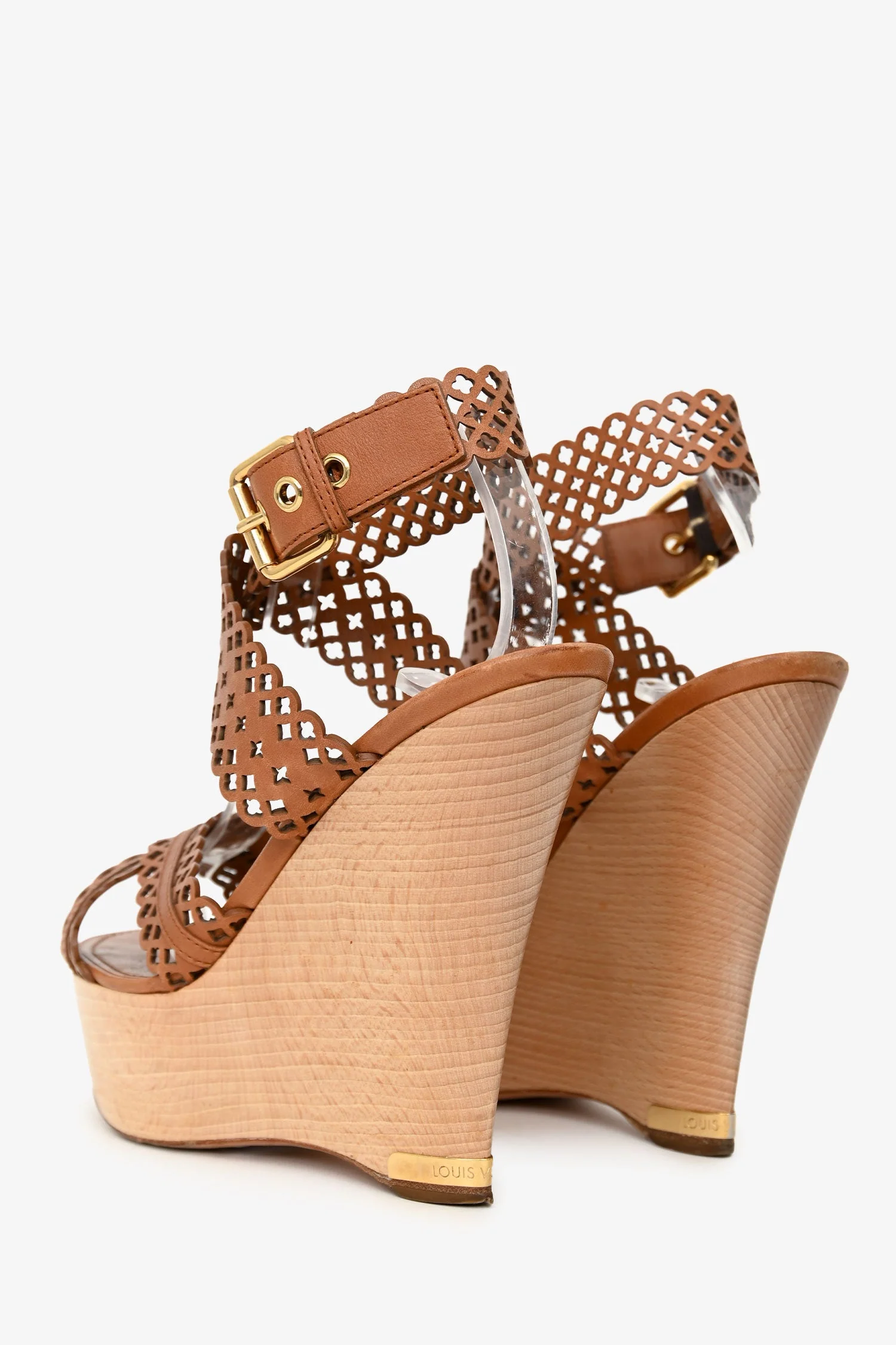 Louis Vuitton Brown Perforated Leather Wooden Wedges Size 41 - Image 4