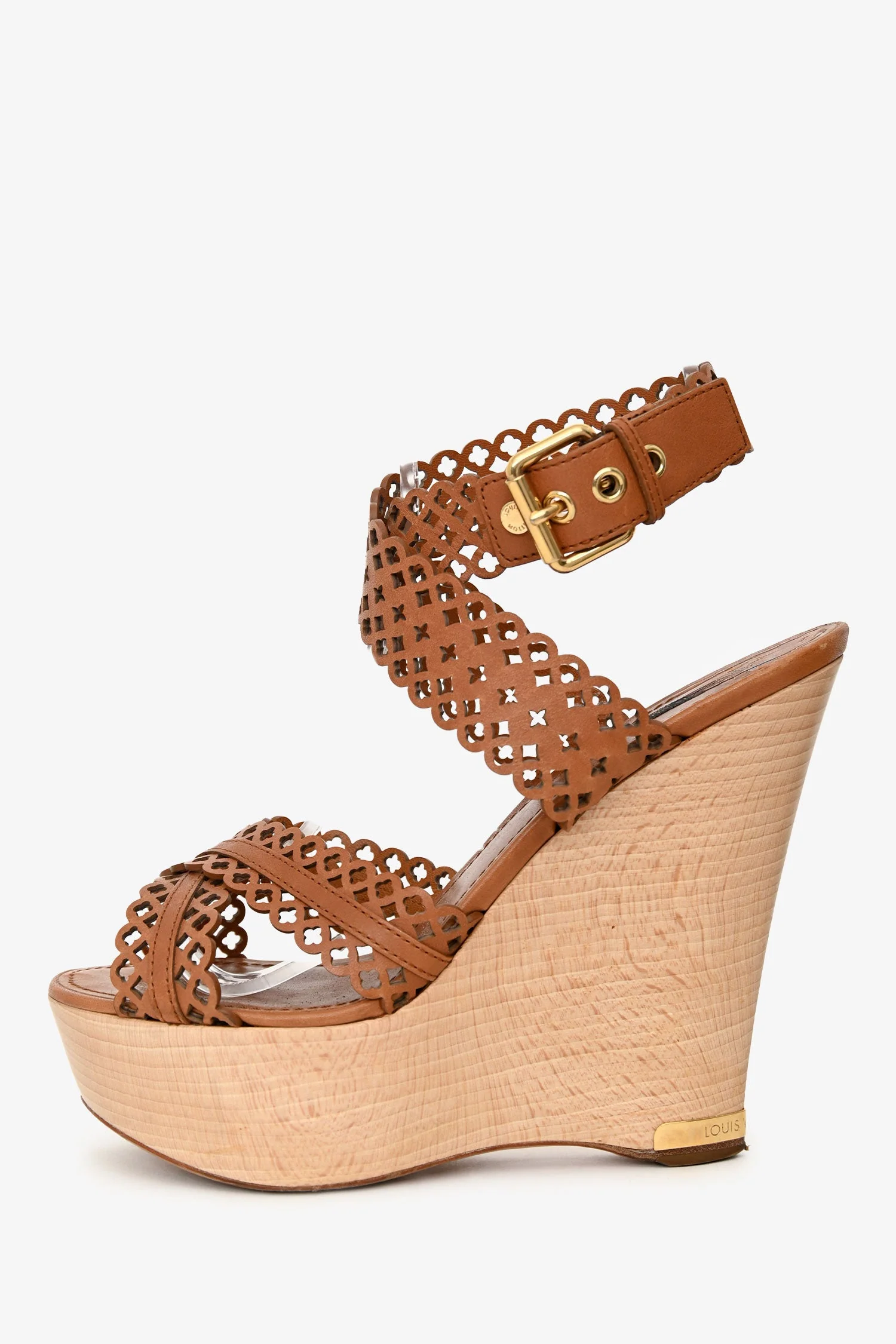 Louis Vuitton Brown Perforated Leather Wooden Wedges Size 41 - Image 5