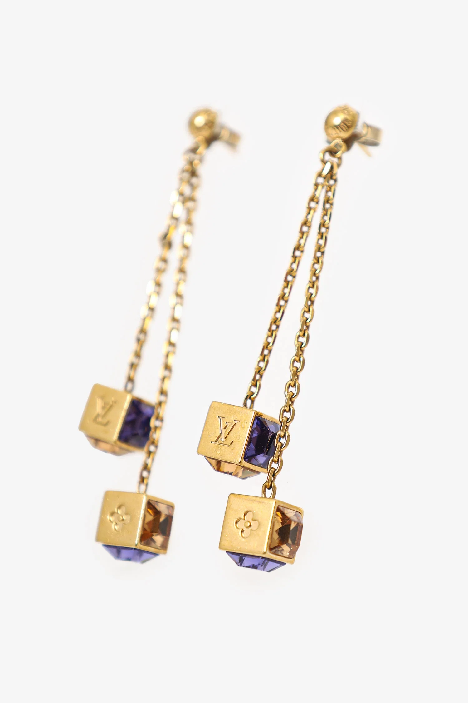 Louis Vuitton Gold Tone/Purple Crystal 'LV' Gamble Drop Earrings - Image 2