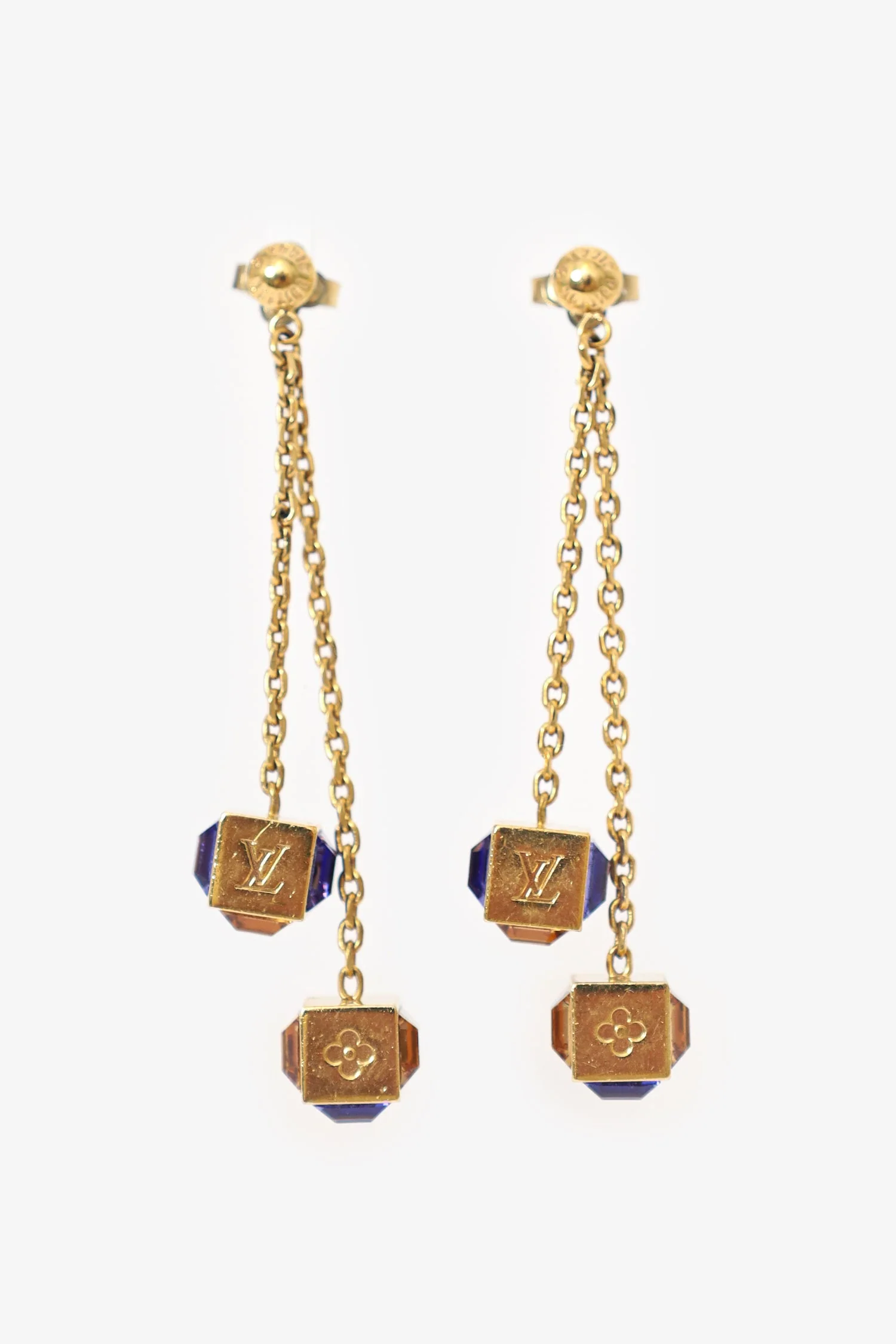 Louis Vuitton Gold Tone/Purple Crystal 'LV' Gamble Drop Earrings - Image 3