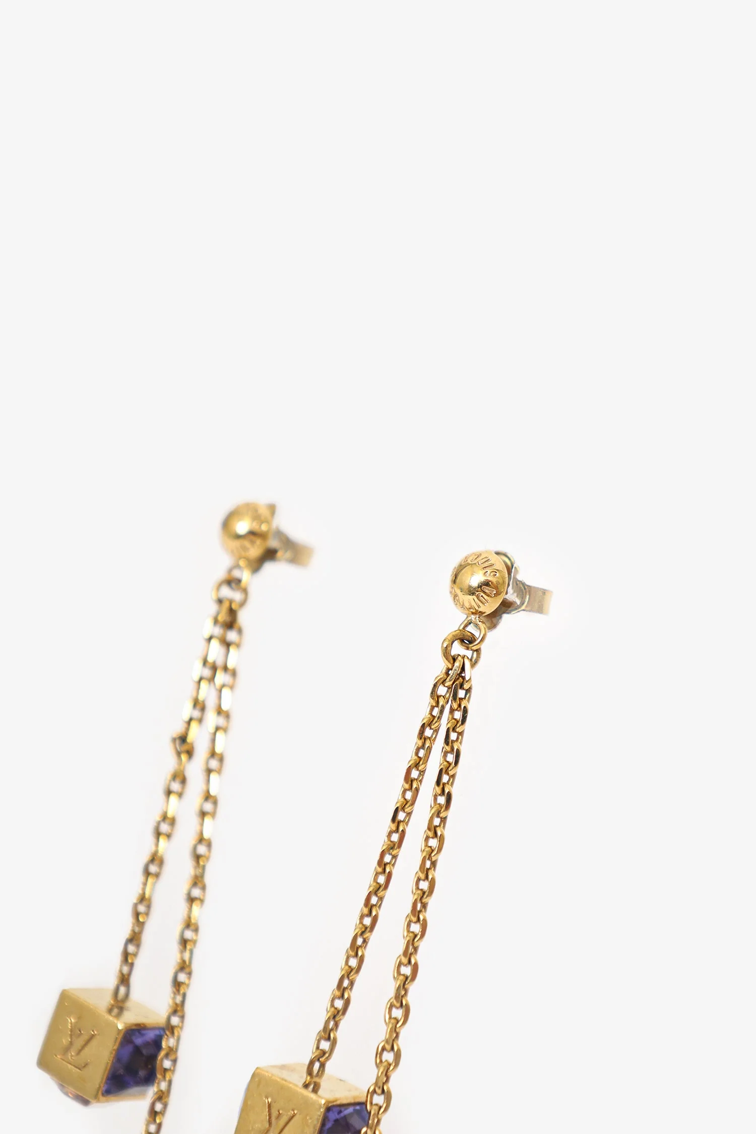Louis Vuitton Gold Tone/Purple Crystal 'LV' Gamble Drop Earrings - Image 4