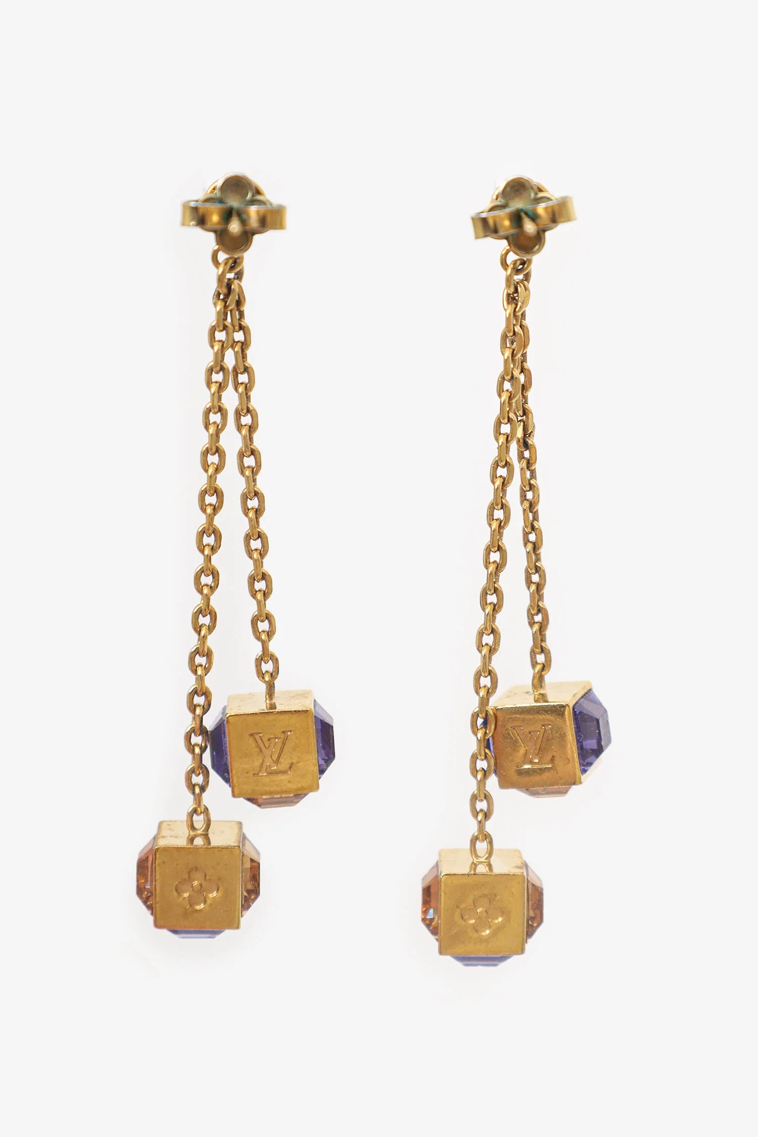 Louis Vuitton Gold Tone/Purple Crystal 'LV' Gamble Drop Earrings - Image 5