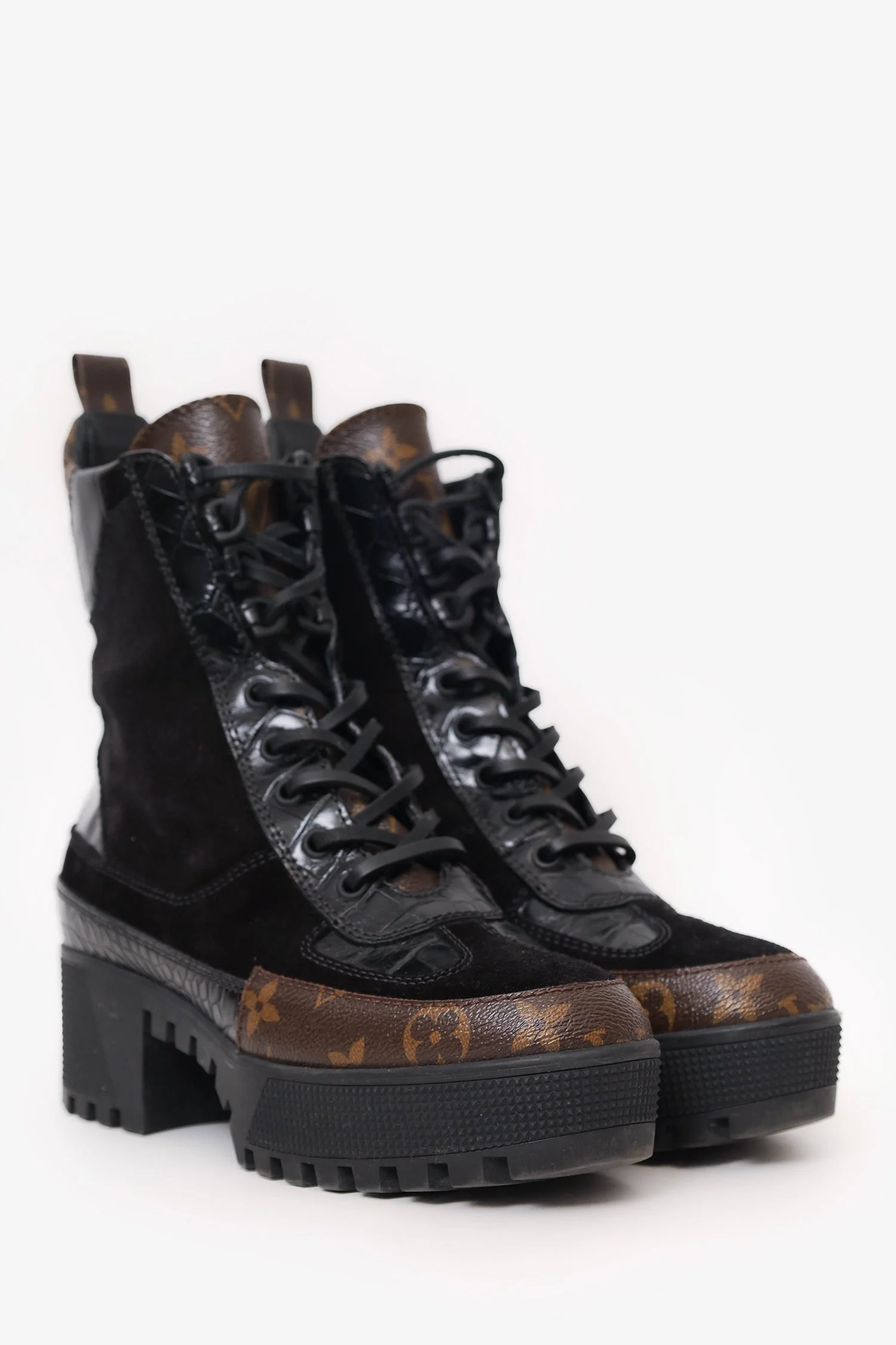 Louis Vuitton Monogram Suede Heeled Combat Boots Size 36.5 - Image 2