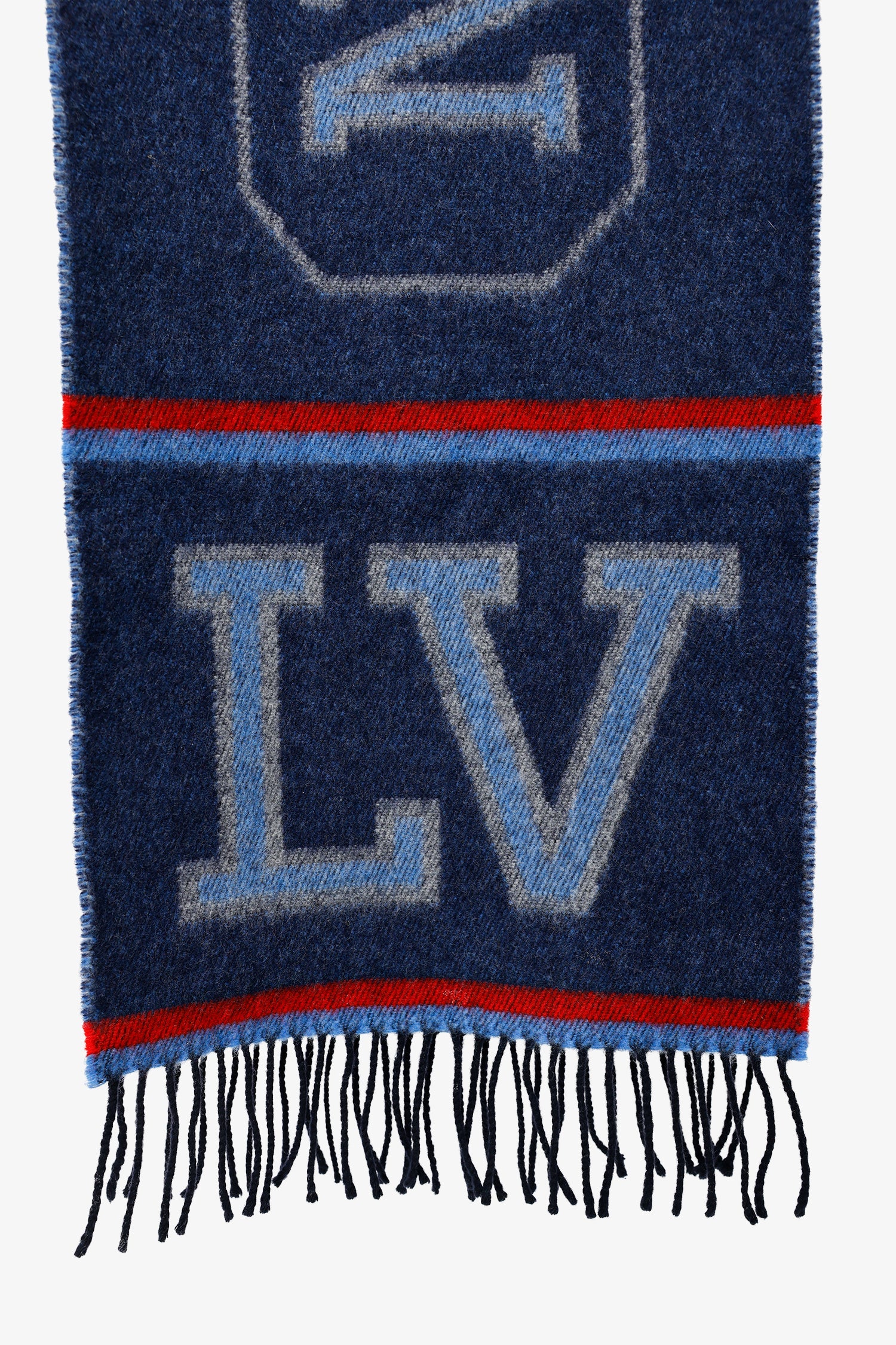 Louis Vuitton Navy/Red Wool/Cashmere Logo Fringe Scarf - Image 4