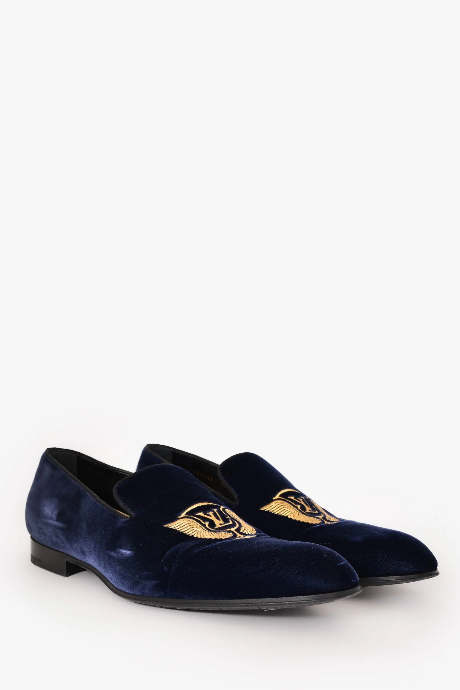 Louis Vuitton Navy Velvet Gold Embroidered Logo Loafers Size 10 Mens - Image 2